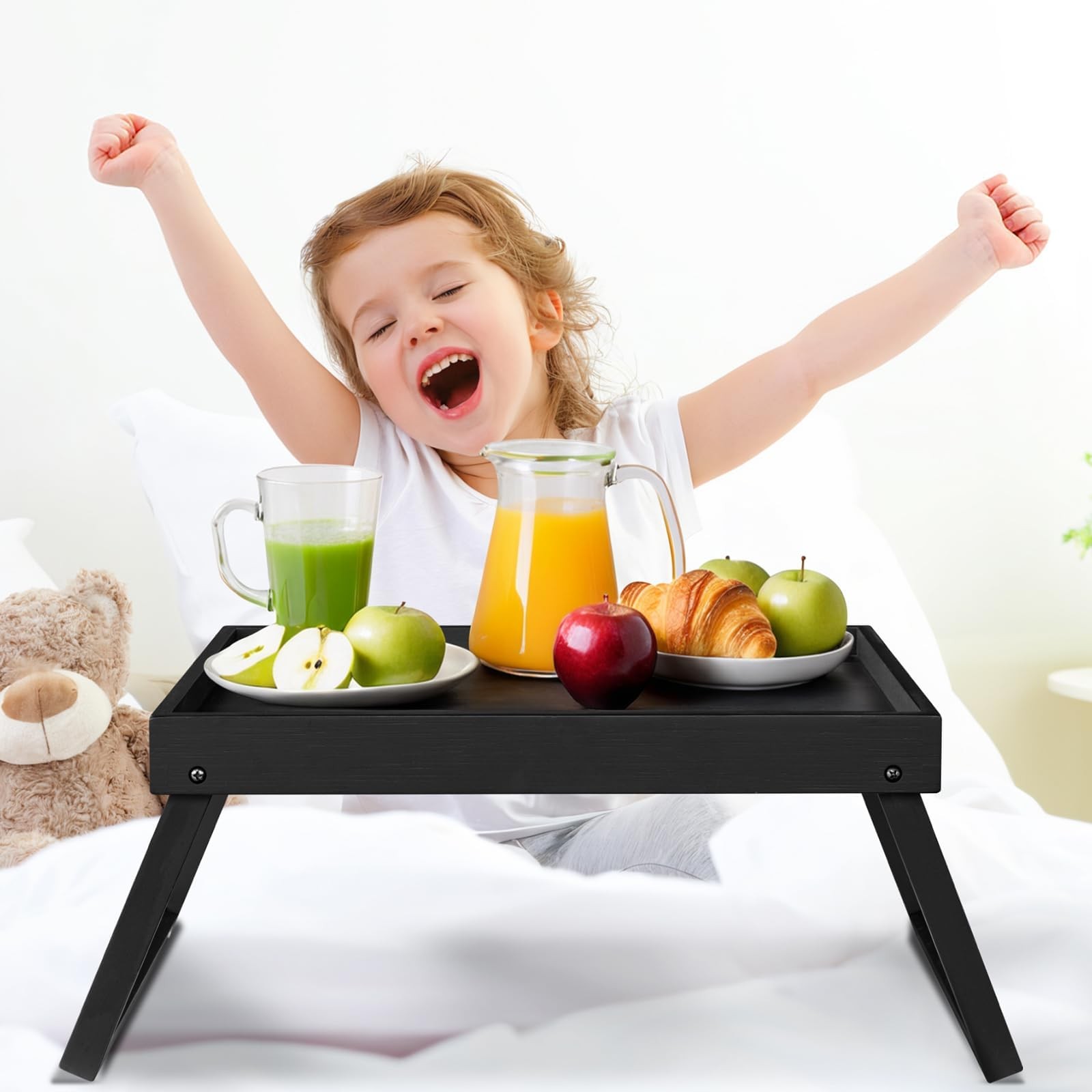 RRX Bed Tray Table with Folding Legs, Breakfast 15.8″ x 11.8″ x 1.6″, Black