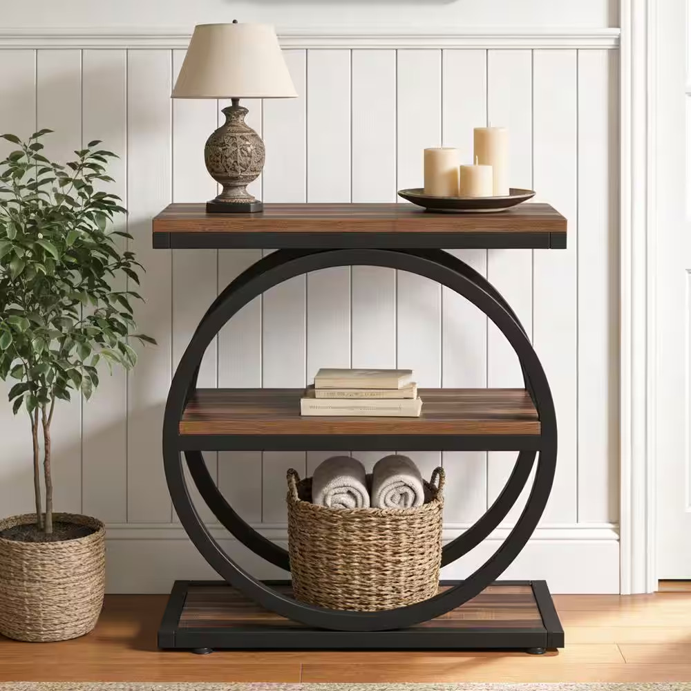 24 In. Dark Brown Rectangle Wood End Table with 3 Tiers Storage Shelves and Adju