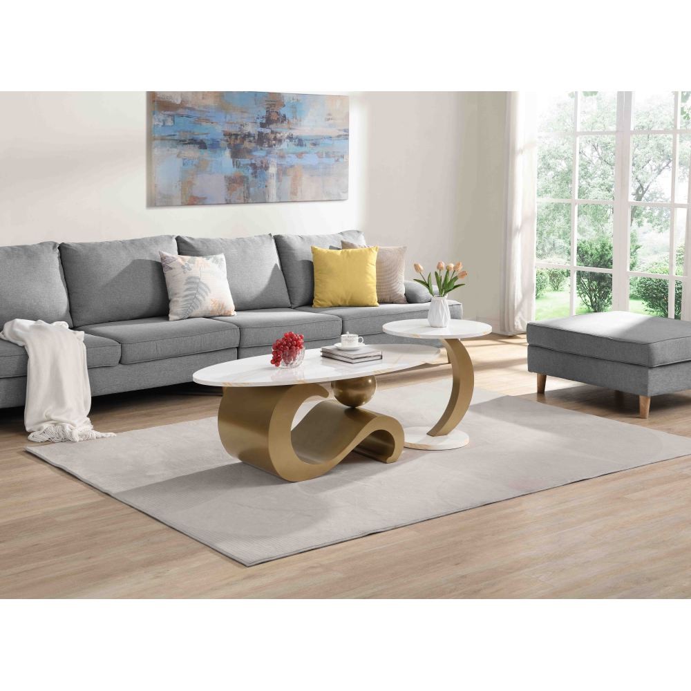Nesting Coffee Table Set of 2 Oval Round Side End Tables Golden MDF Metal Frame