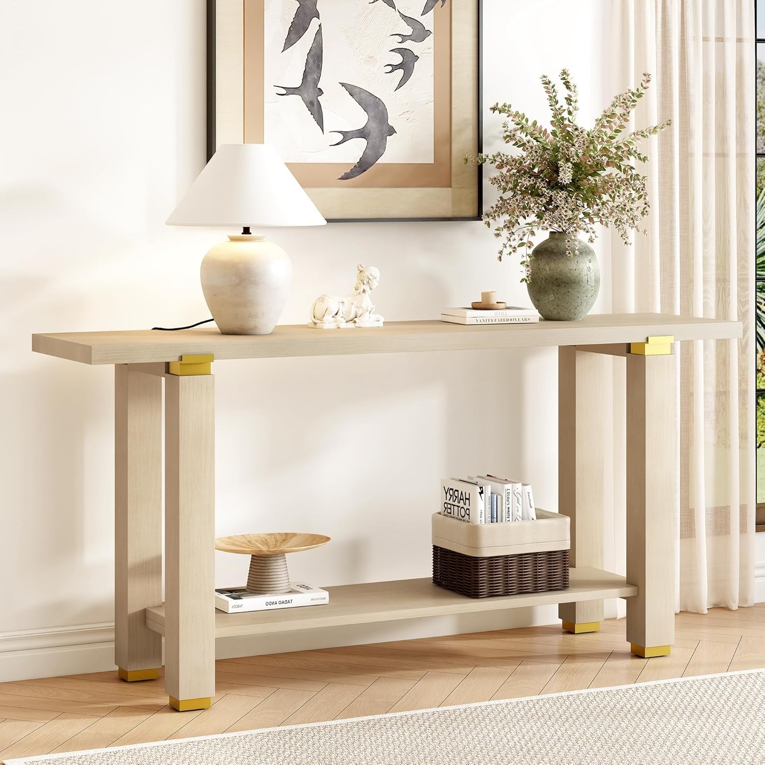 Minimalist Console Table, Solid Wood Entryway Table w/Shelf and Metal Accents