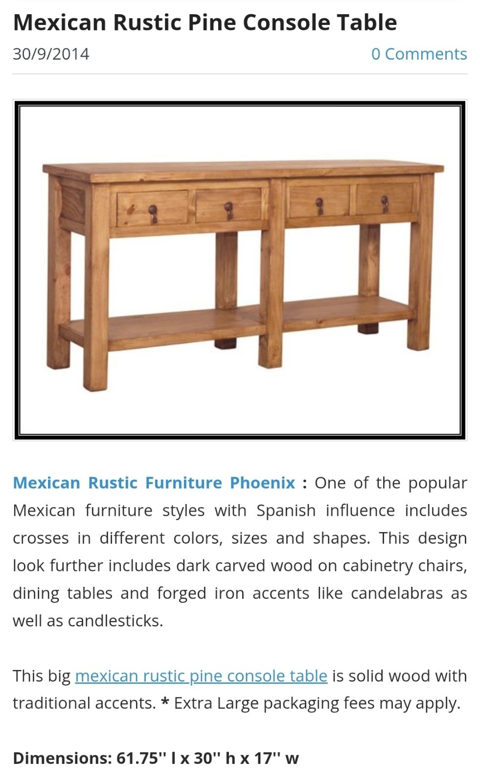 Rustic solid pine Wooden console Table 85340 Natural Brown Mexican furniture