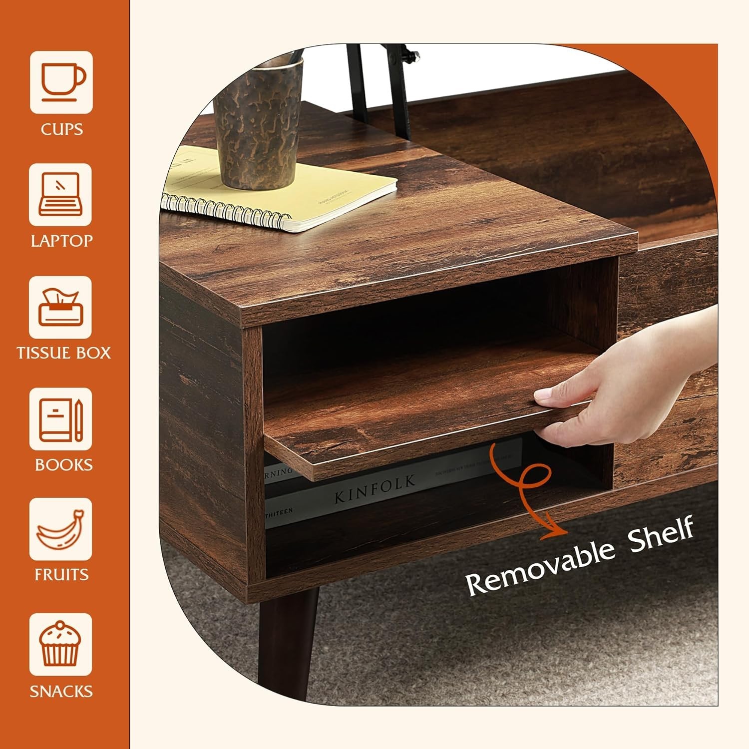 Brown Wooden Coffee Table with Hidden Storage & Lifting Design for Small Spaces
