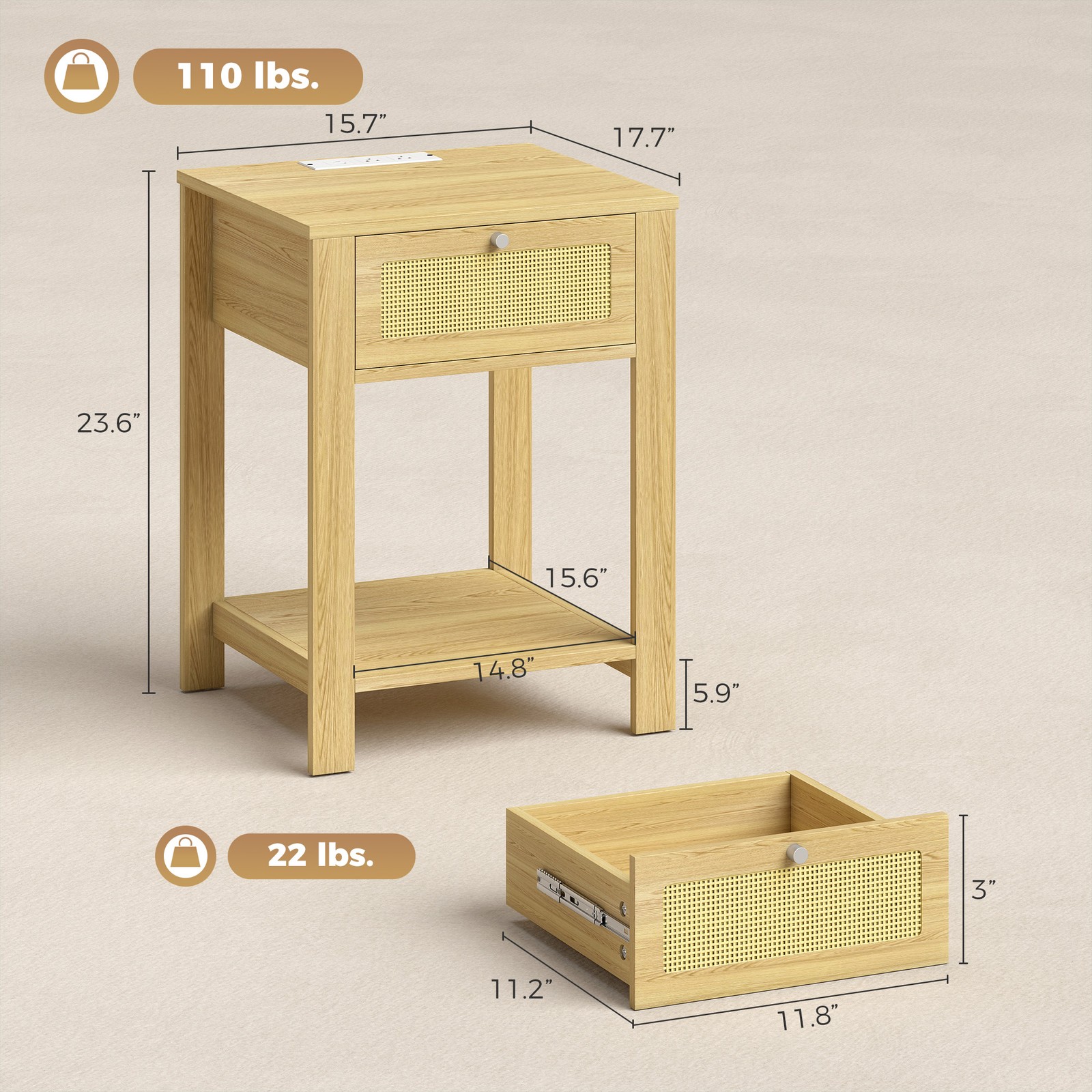 HOMCOM End Table Set of 2 with Charging Station, Bed Side Tables, Natural