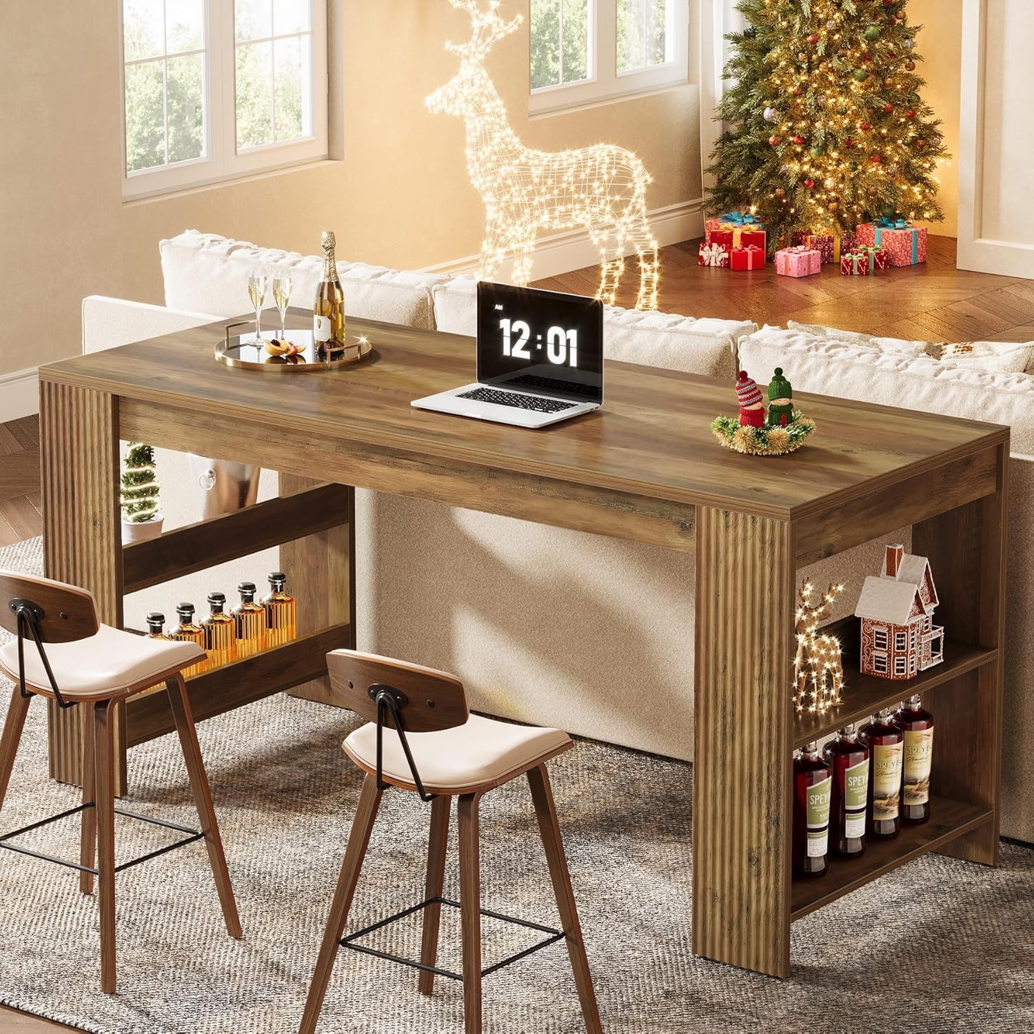 63-Inch Farmhouse Bar Table Rustic Counter Height Pub Table with Storage Shelves