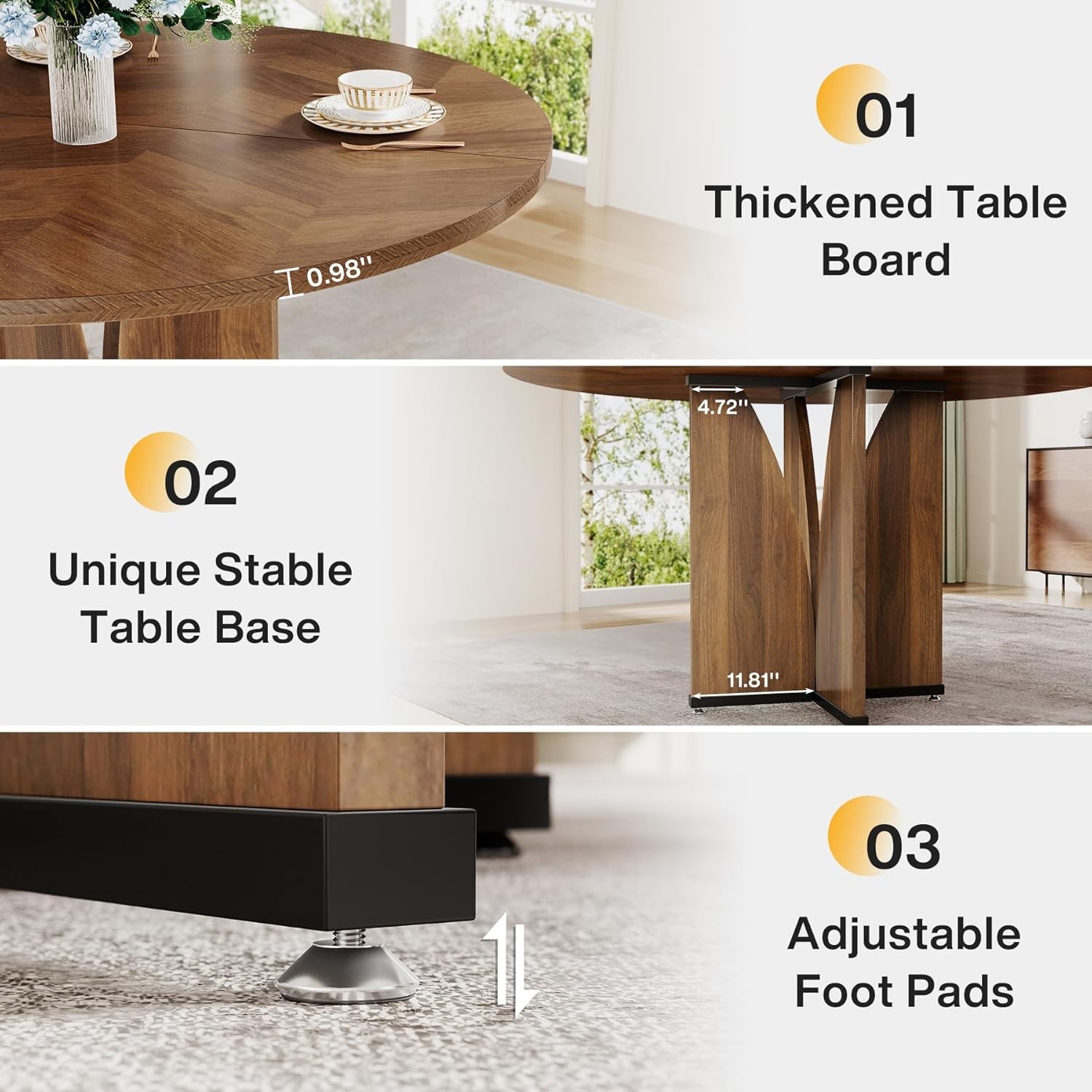 Round Dining Table, Farmhouse Kitchen Dinner Table with Wooden Tabletop and Legs