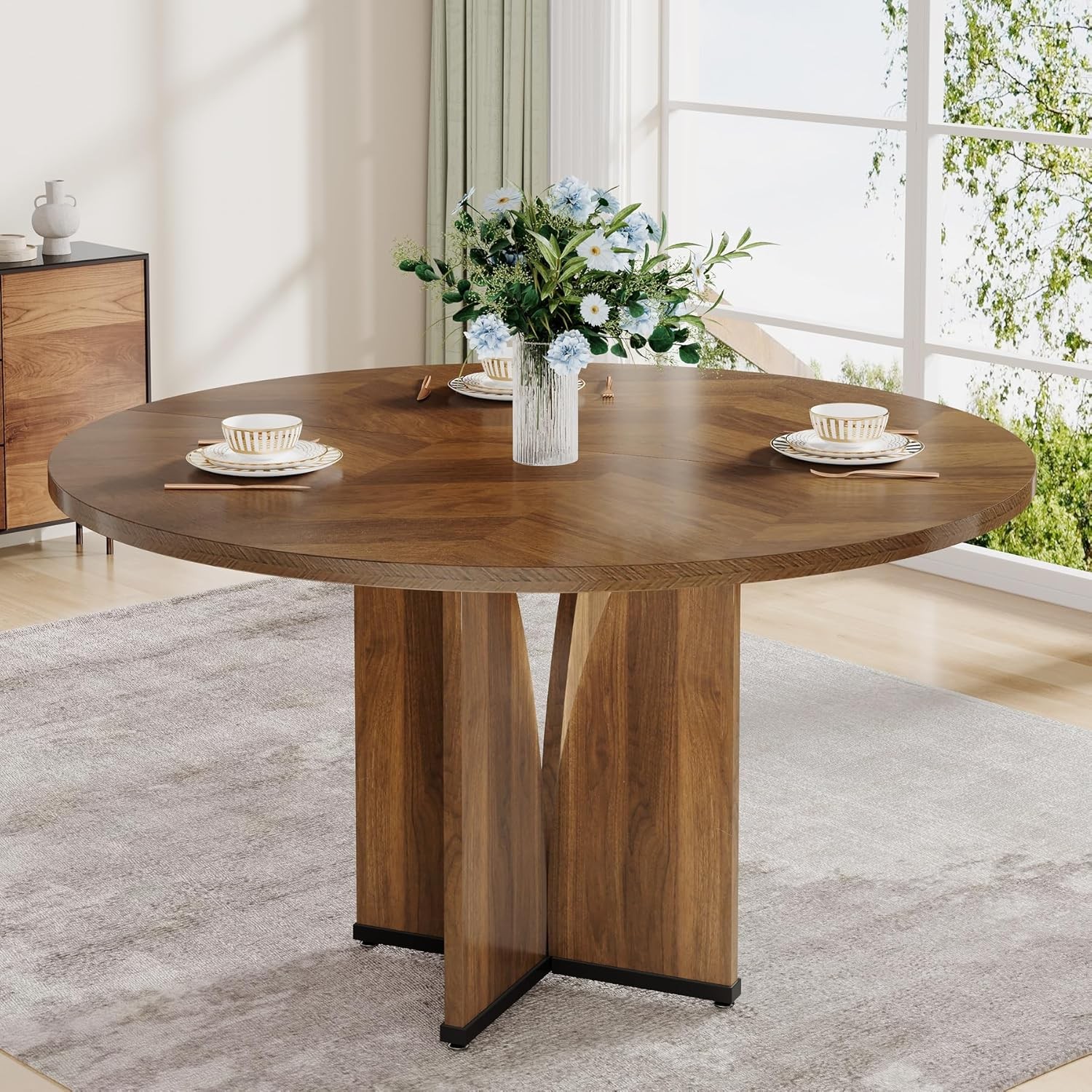 Round Dining Table, Farmhouse Kitchen Dinner Table with Wooden Tabletop and Legs