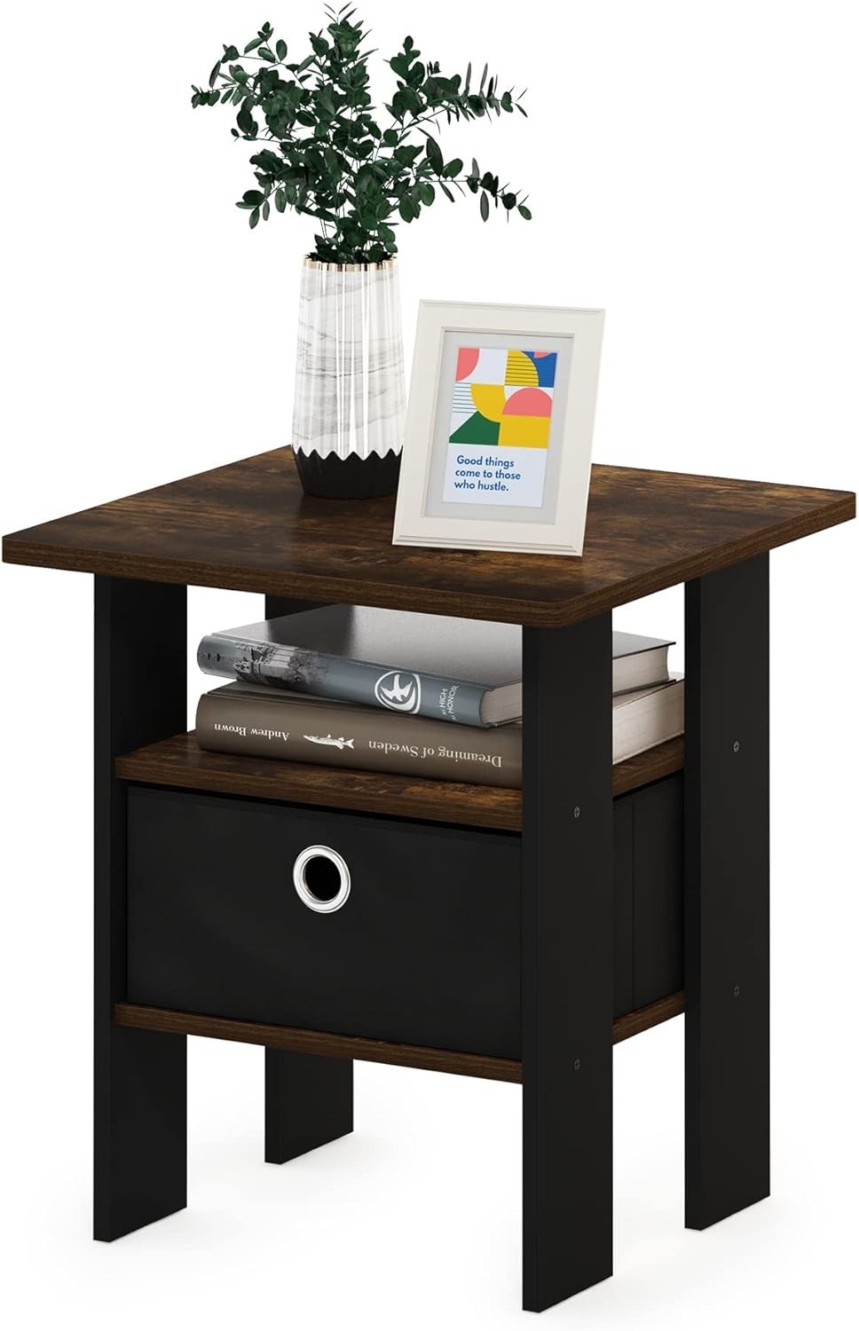 Stylish ANDREY Night Stand with Open Shelves & Bin – Space-Saving 16″ Design