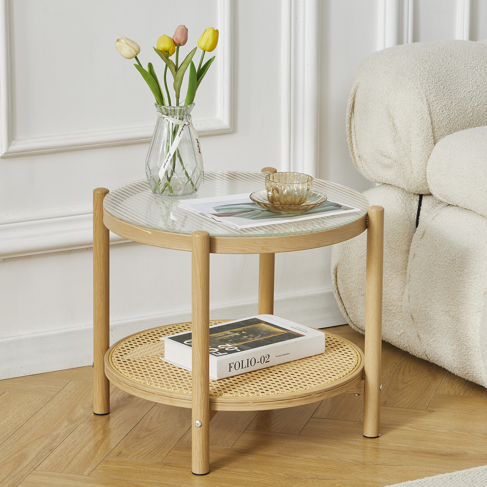 Modern Round Rattan Glass Metal Coffee Table Small 2-Tier End Table Living Room