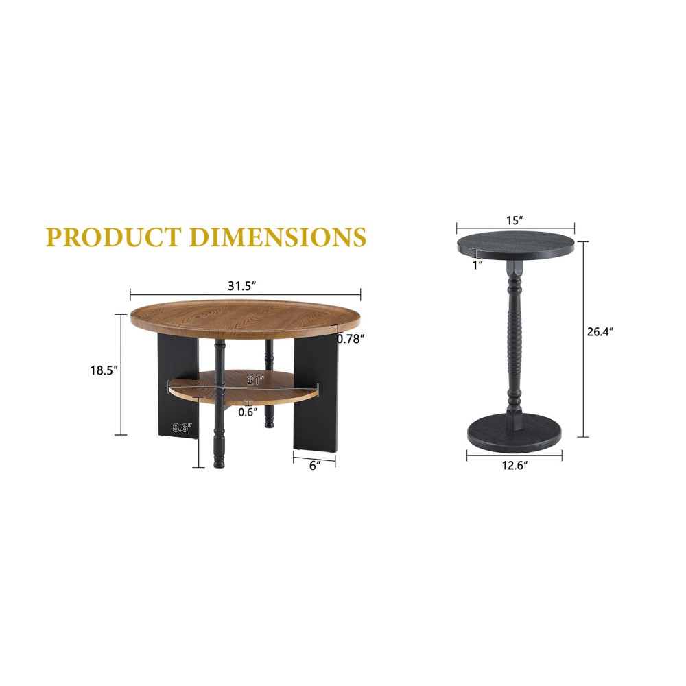 Round Coffee Table Side Table 2 Piece Set with Storage Shelf PVC Surface MDF