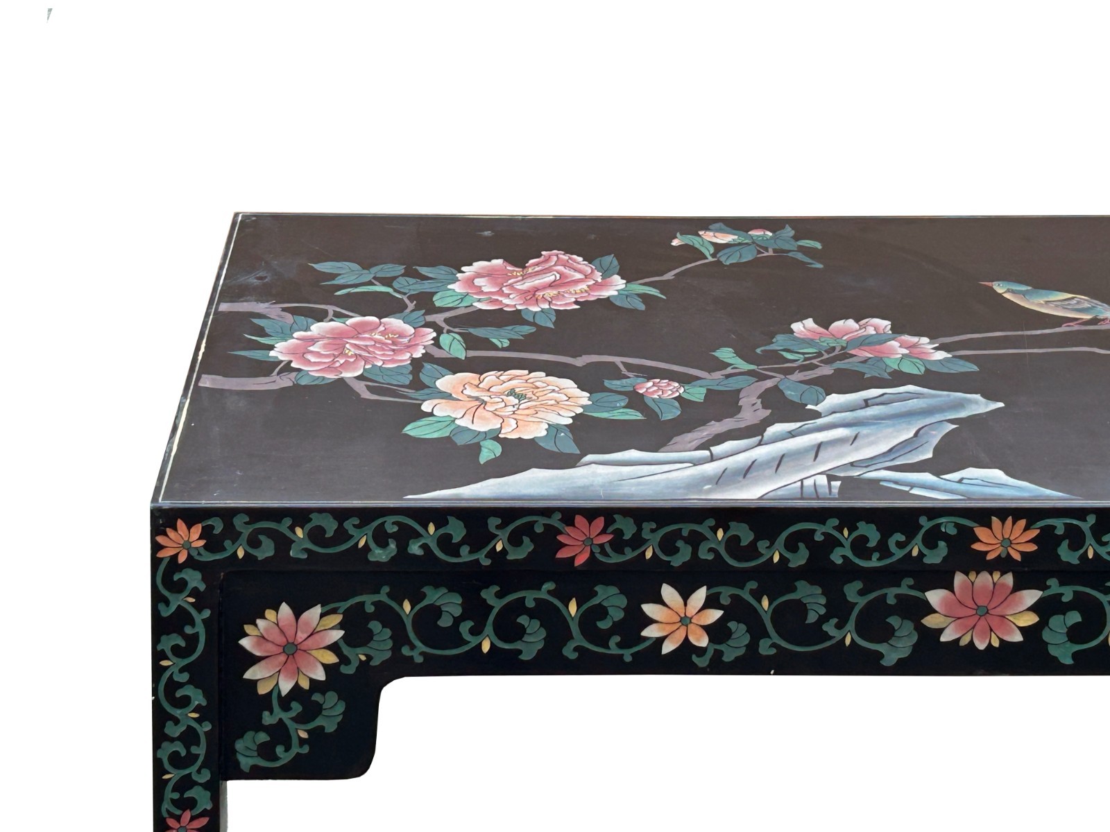 Chinese Black Lacquer Flower Birds Graphic Rectangular Low Coffee Table GB144