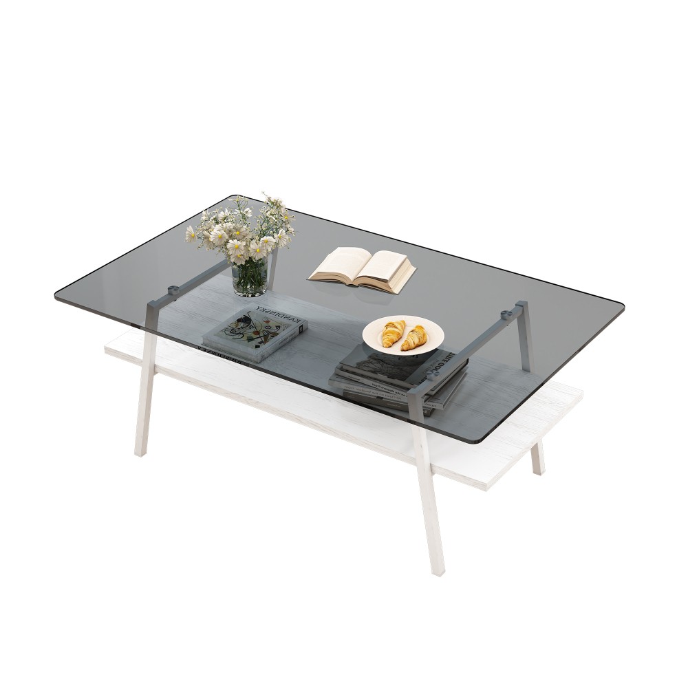Gray Glass Rectangle Coffee Table, White Metal Legs
