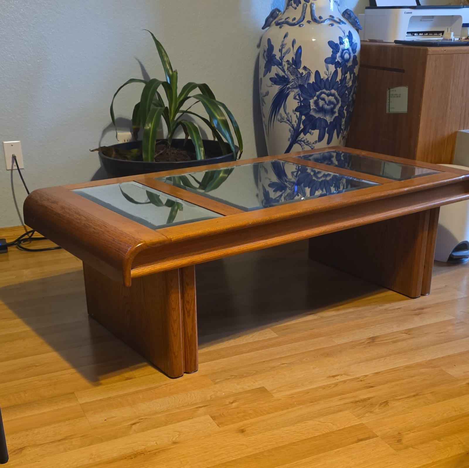 Rectangular Medium Wood Coffee Table with Clear Glass Top, Brown, Living Room