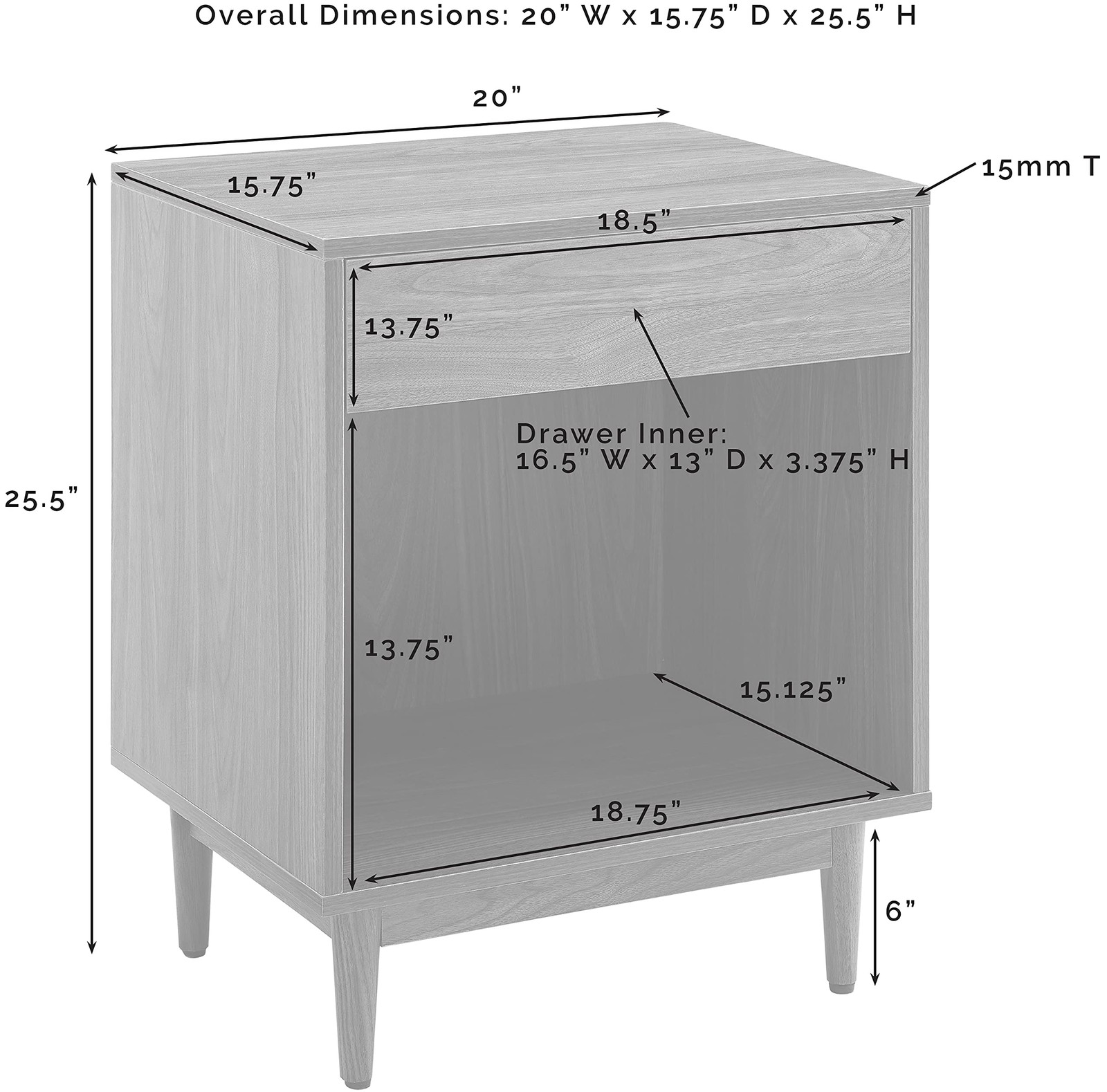 Crosley Furniture Liam End Table and 15.75 in x 20 x 25.5 in, Walnut