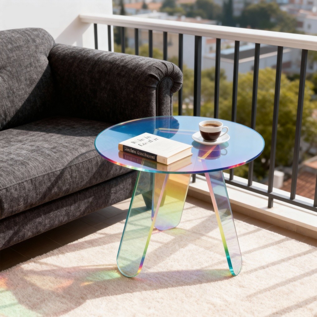 Acrylic End Table with PVC Table Cover Round Iridescent Rainbow Sofa Side Table