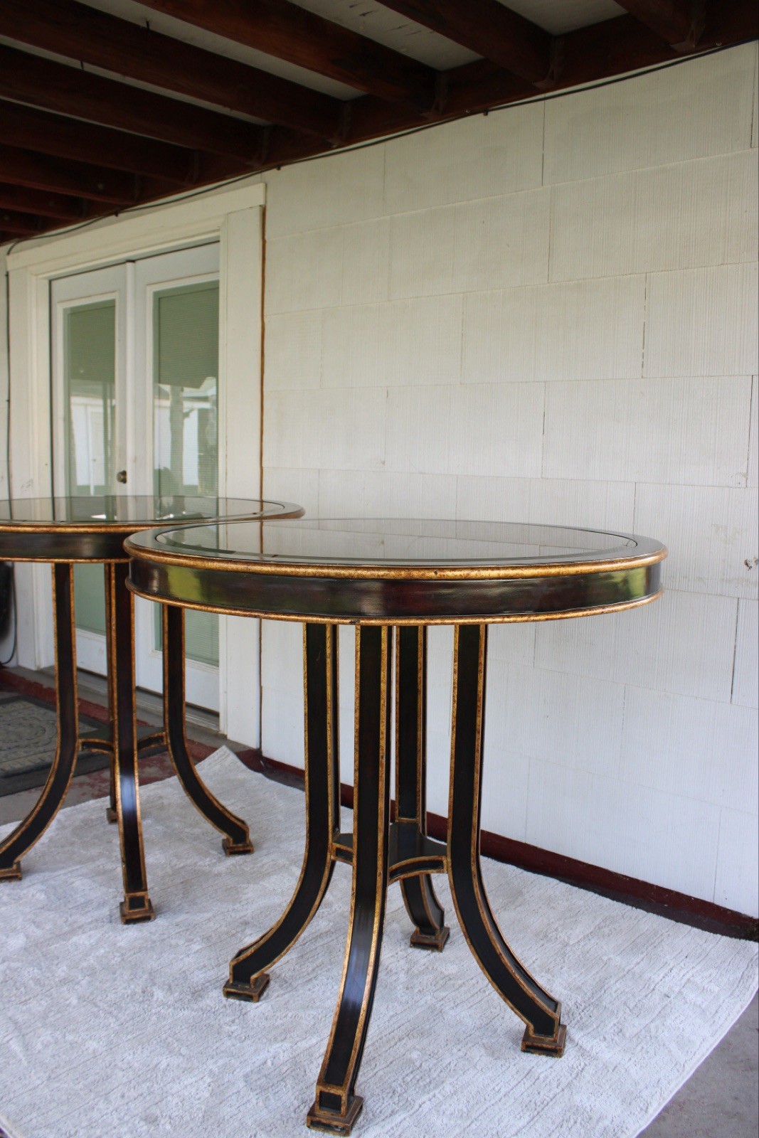 Round Black & Gold Bar Table 41x41x42 Glossy Wood w/ Glass Top Modern