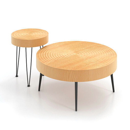 Set of 2 Solid Wood Farmhouse Round Coffee Tables-Natural – Color: Natural