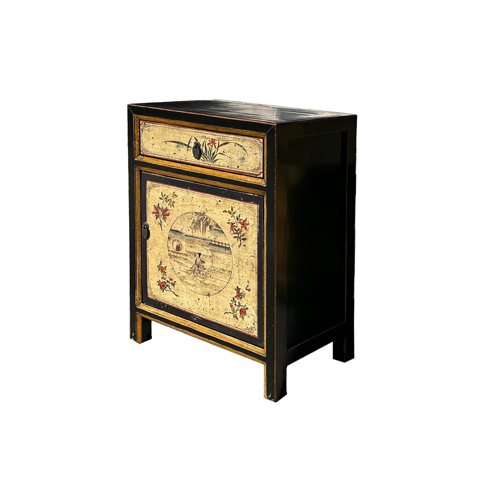 Oriental Beige Base Scenery Graphic Black Body End Table Nightstand ws4531