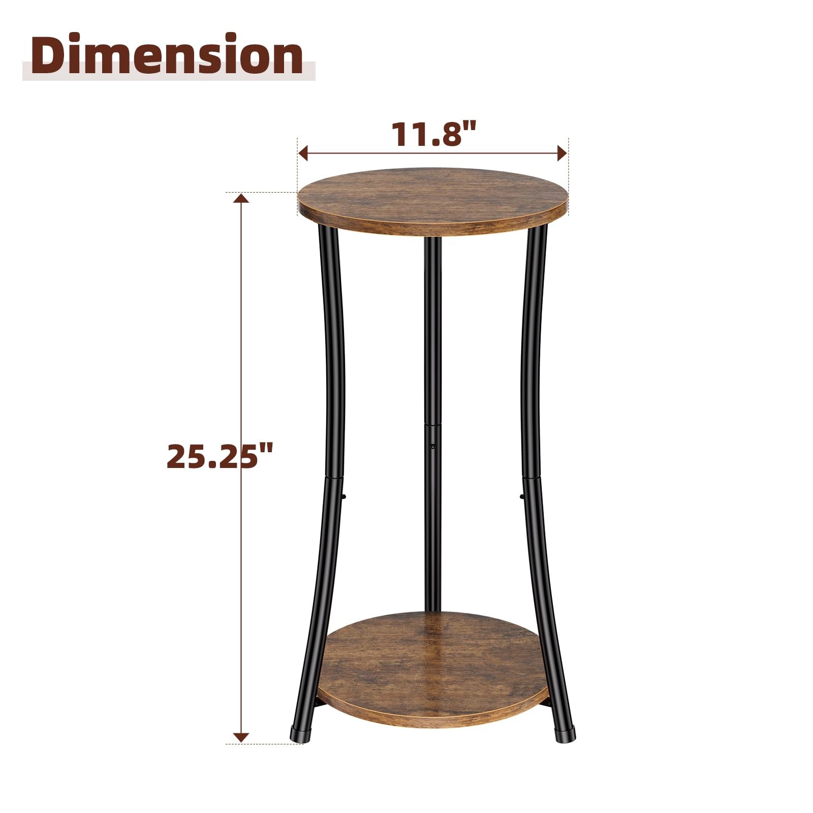2 PCS Rustic Brown Round Side 2 Tier End Table Slim Sofa Storage Shelf Set