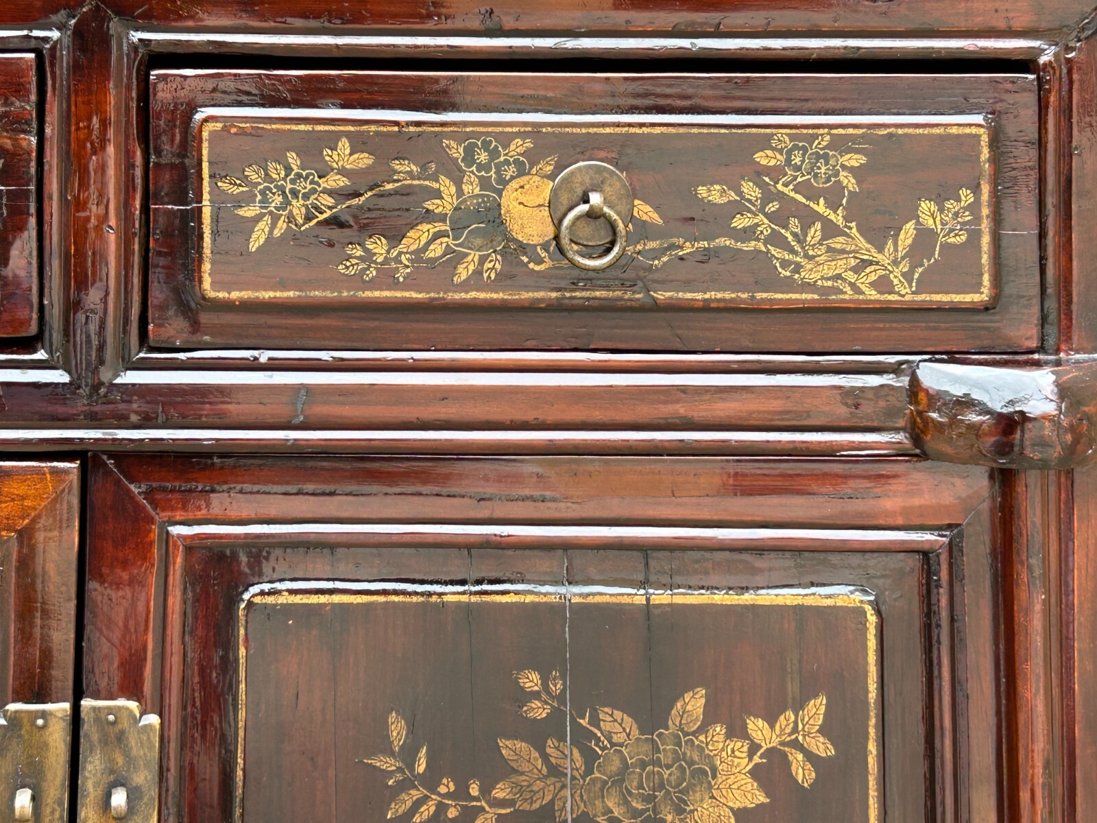 Vintage Chinese Floral Graphic Brown Drawers Table Credenza Cabinet cs7779