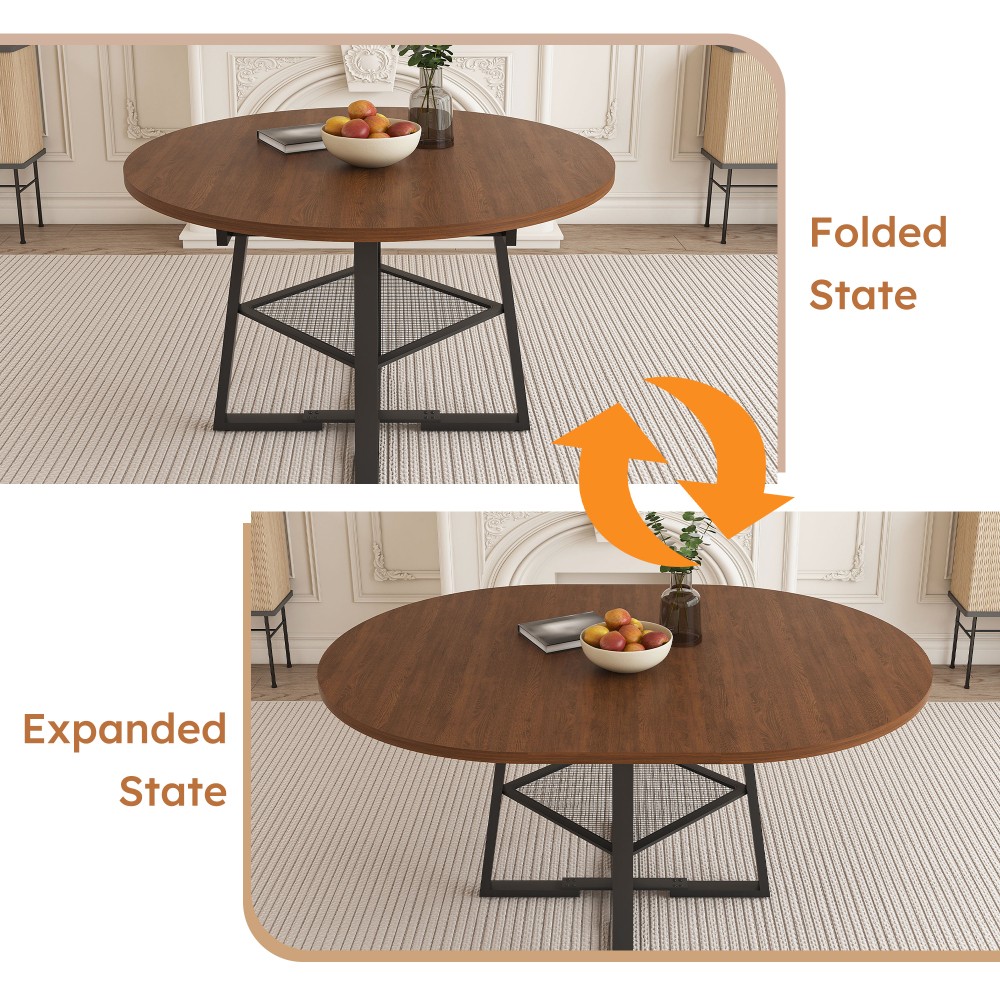 Round Dining Table with Storage Function Extendable with Metal Frame