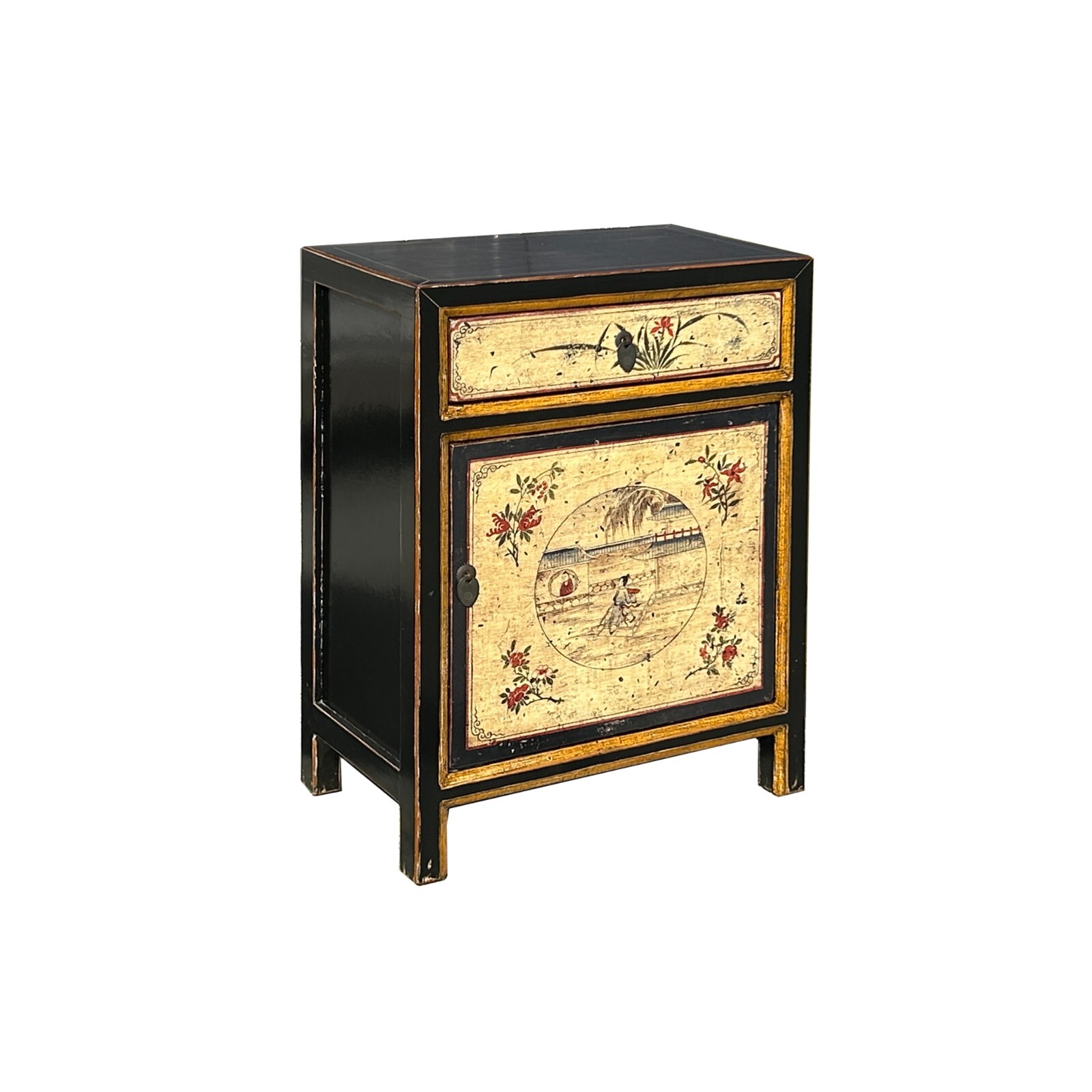 Oriental Beige Base Scenery Graphic Black Body End Table Nightstand ws4531