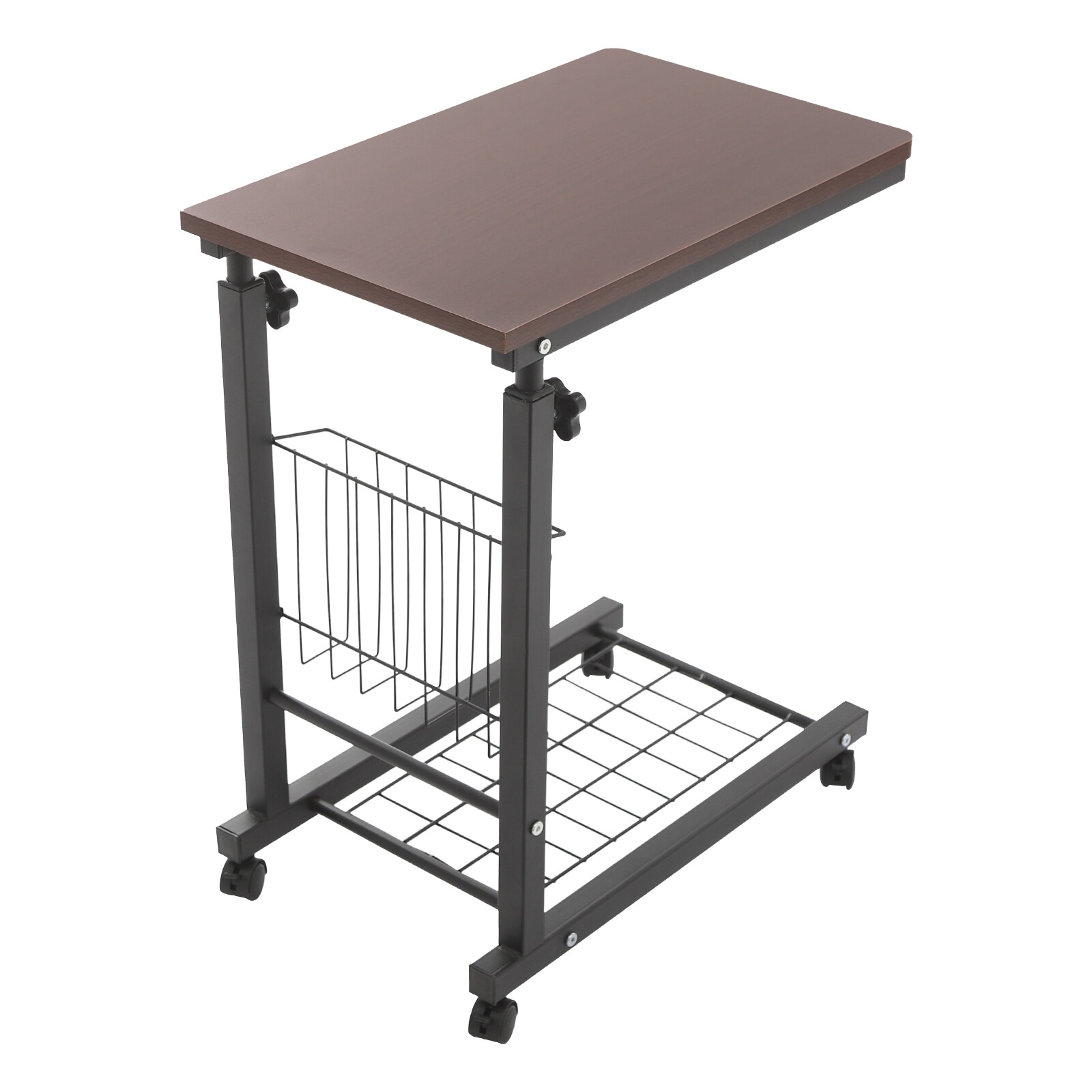 2 Tiers Red Walnut Color Mobile Standalone Adjustable Bed Side Table w/ Wheels