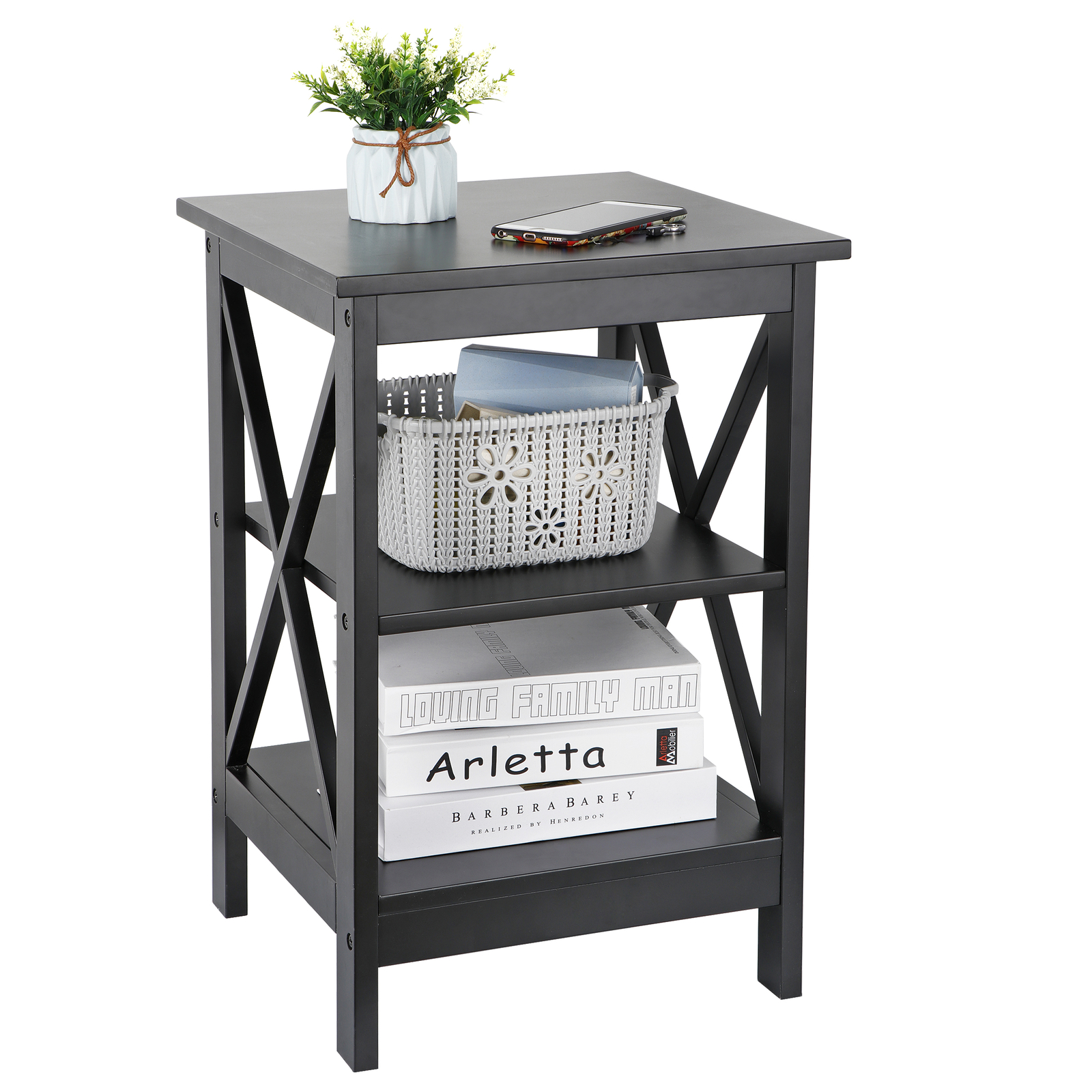 End Table Stand Beside TV Bed 3 Tier Saving Space for Bedroom Living Room