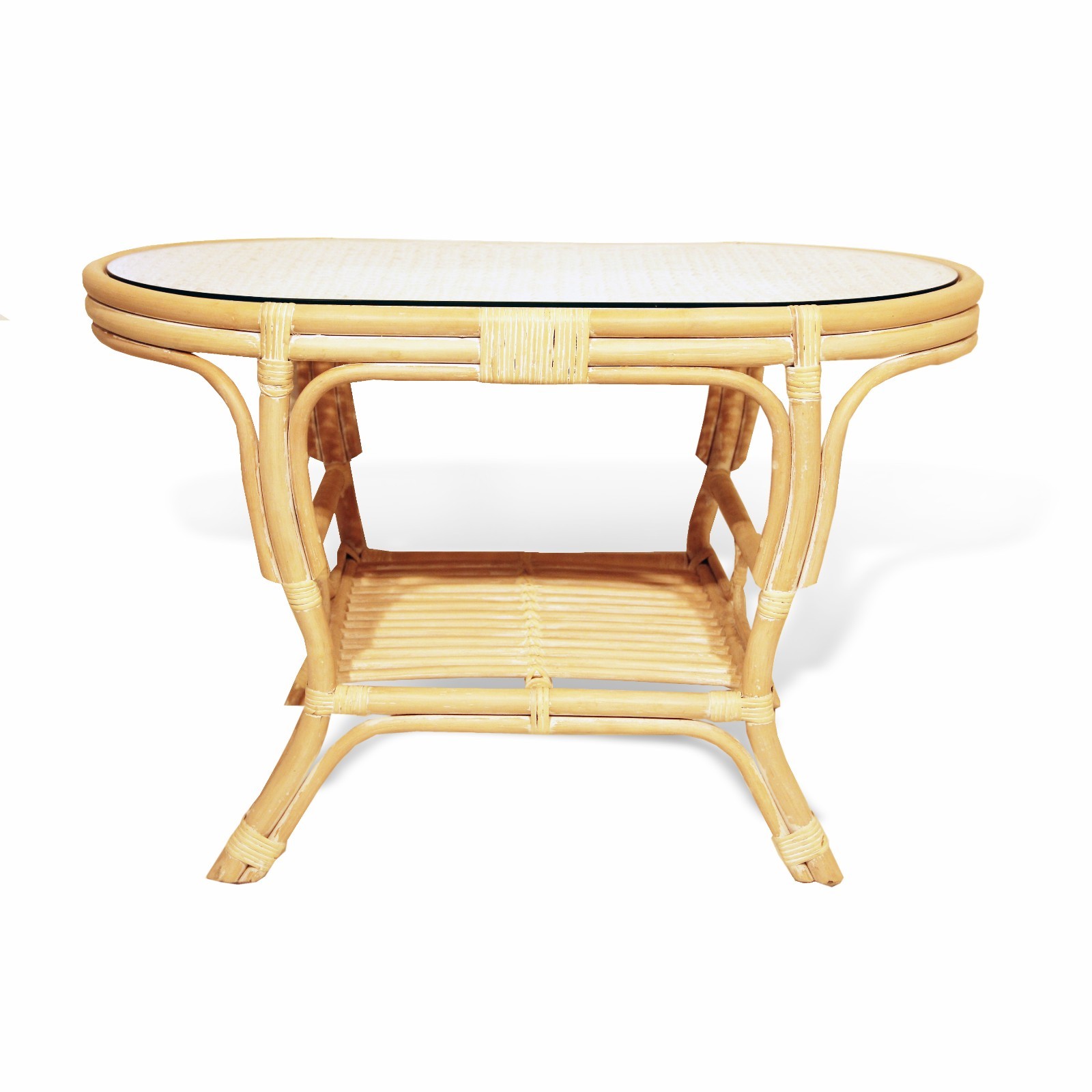 Coffee Oval Table with Glass Top Pelangi Wicker Natural Rattan Handmade, Cream