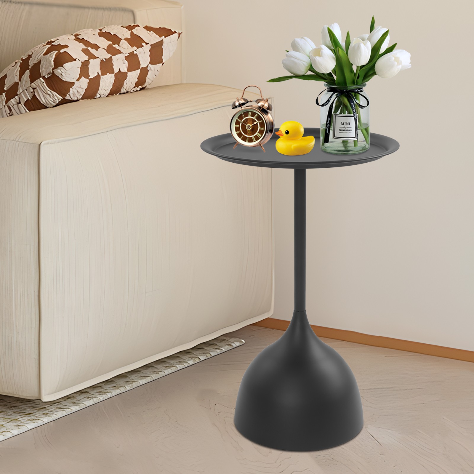 Modern Industrial Black Iron Side Table 15.75in Round Top 23.62in High