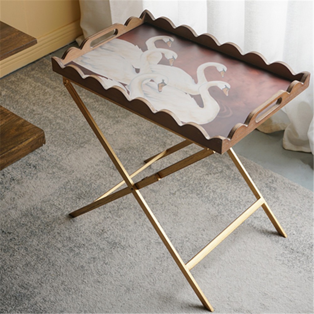 Brown MDF Tray Table with White Swan Motif Iron Base Rectangular Display Table