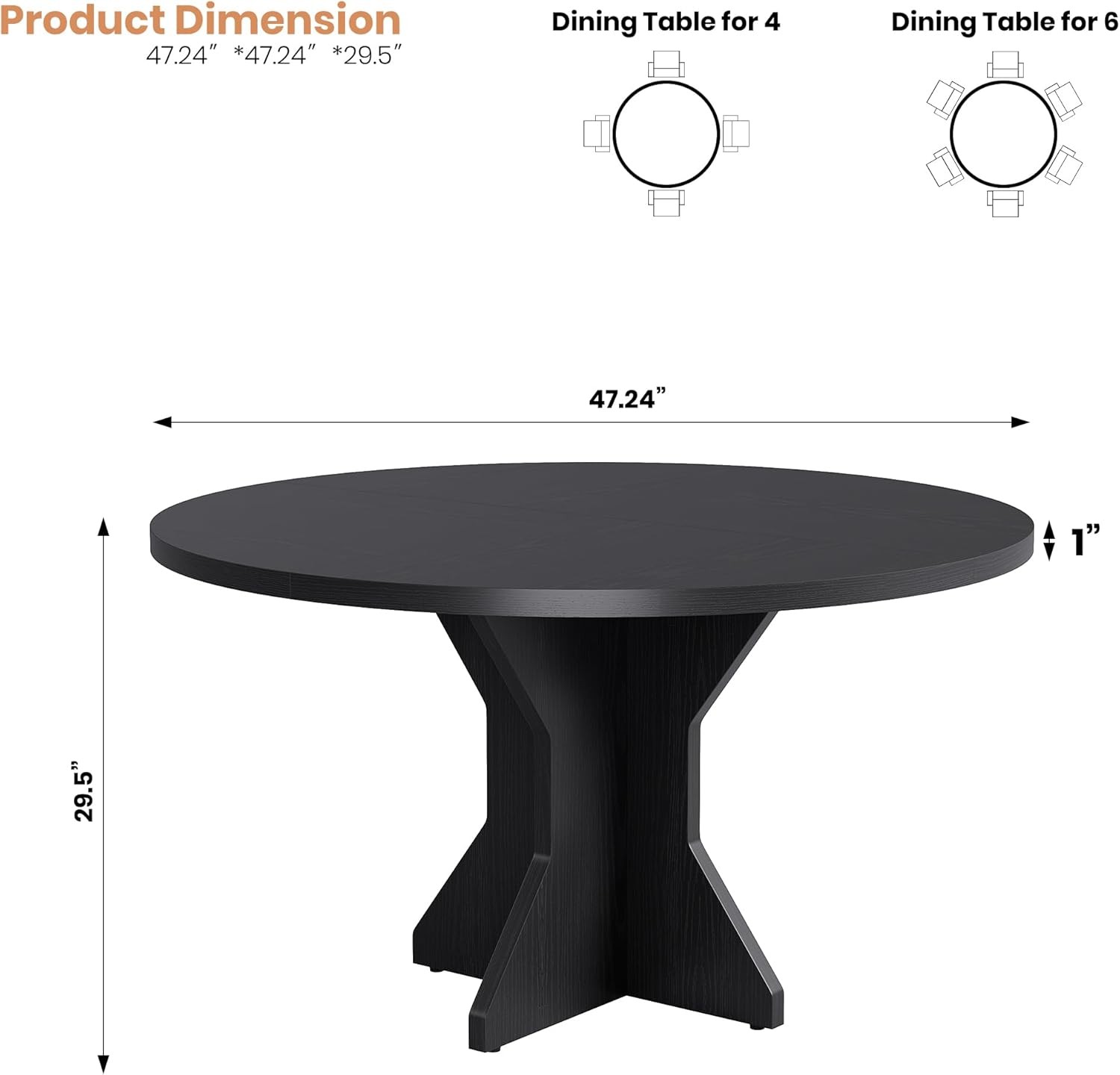 47In Round Dining Table Kitchen Table for 4 to 6 People with Wood Pedestal Base