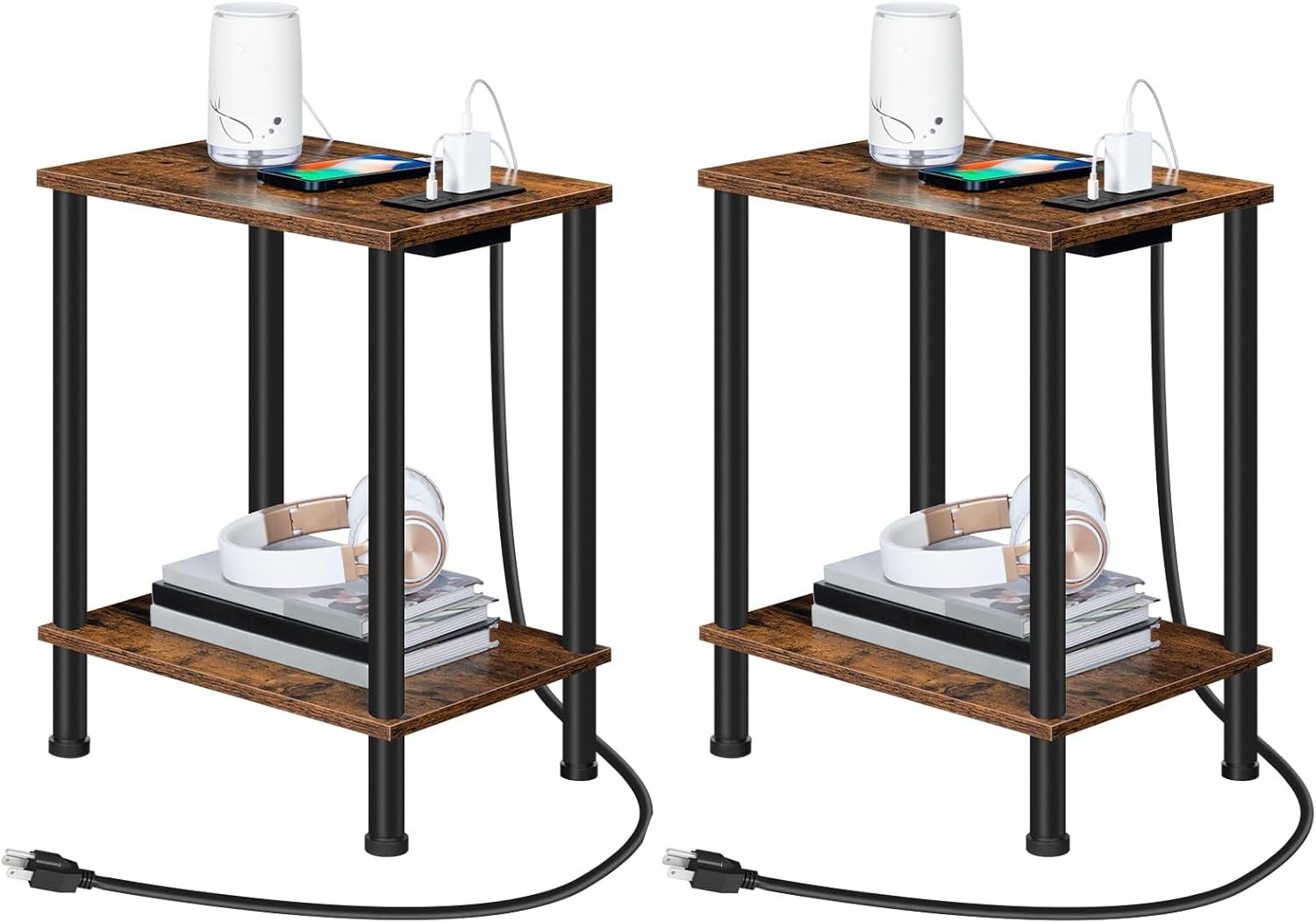 Stylish Side Tables with Charging Stations – Rustic Brown Finish for Any Room