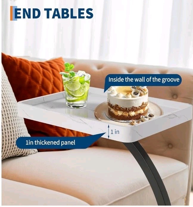 C-Shaped Side Table with Wheels Wooden 360° Rotating TV Tray End Table/Side