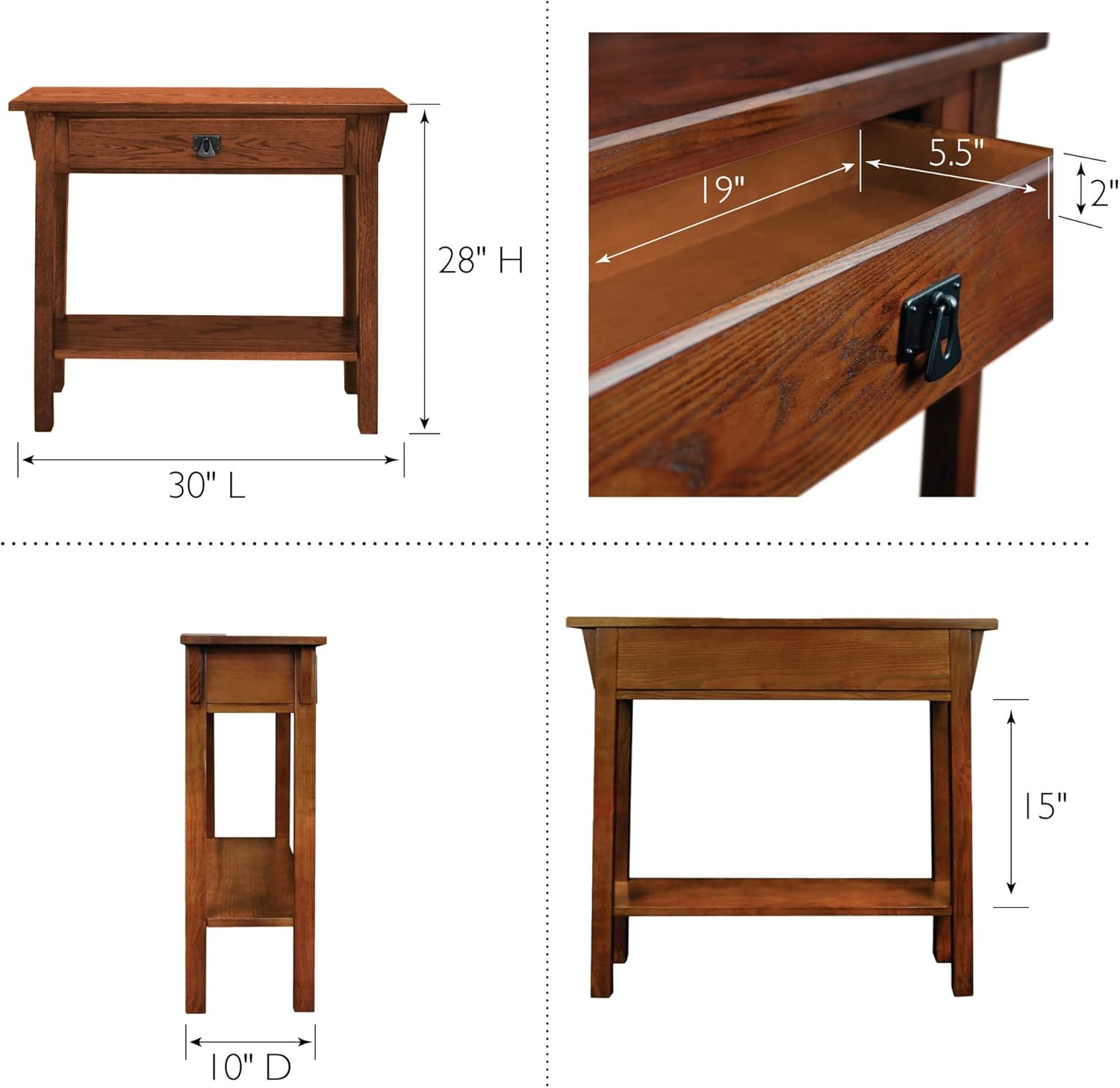 Narrow Mission Console Table with Drawer & Shelf, Solid Wood, Russet Finish