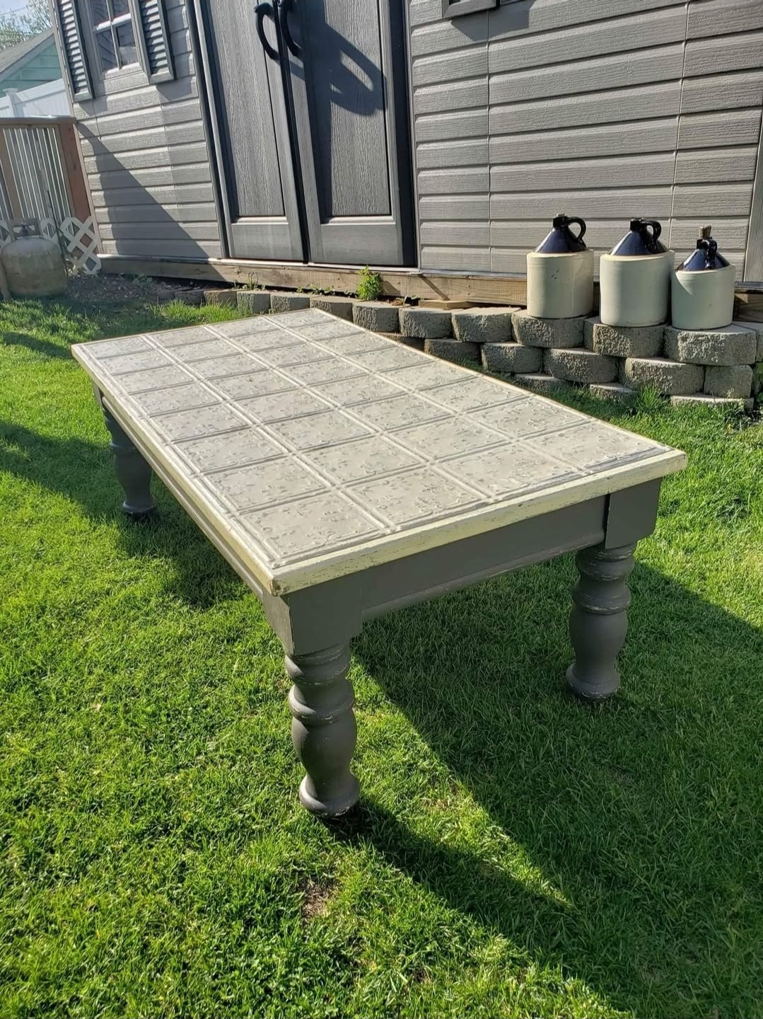 Unique Solid WOOD Coffee Table Tin Top FARMHOUSE Style