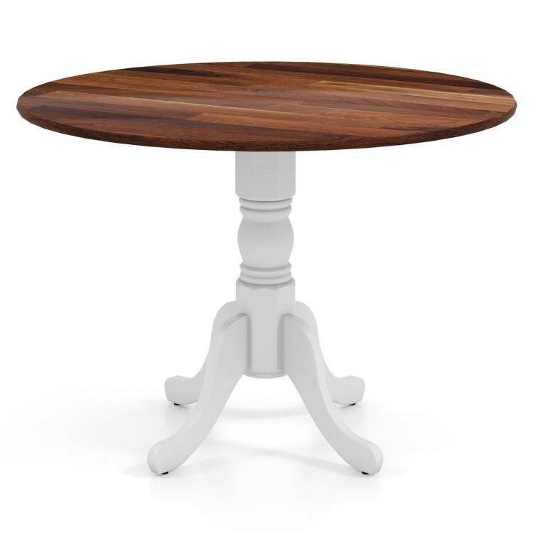 Solid Wood Round Kitchen Dining Table White Legs Brown Top 39in
