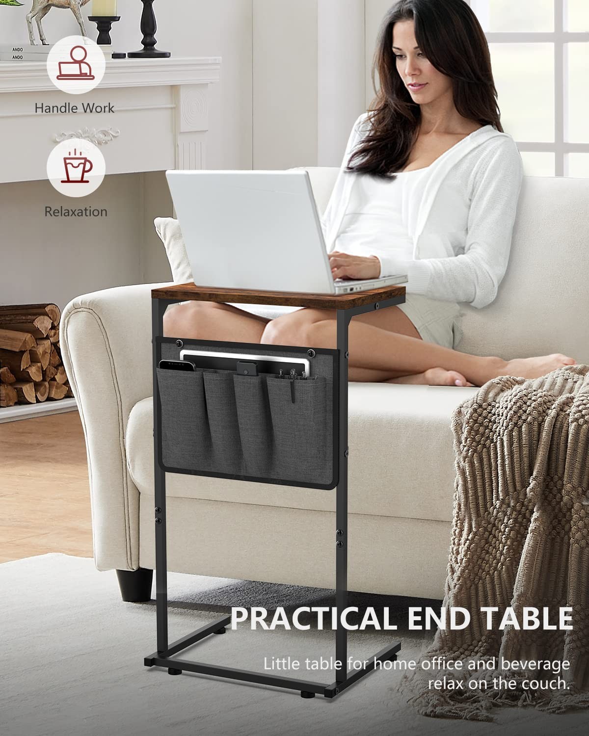 C Shaped End Table, Small Side Table for Couch and Recliner, Slide Under Sofa