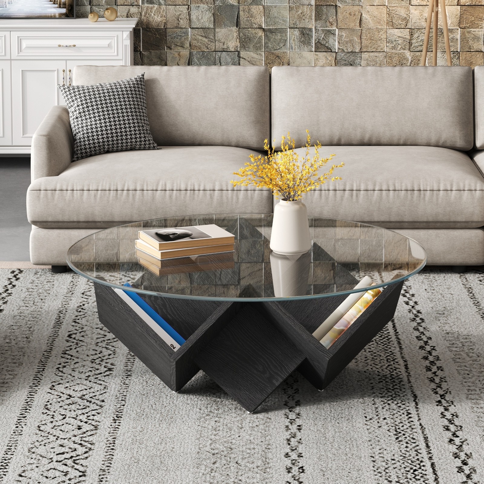 Round Coffee Table with Tempered Glass Top and Geometric Art Deco Storage