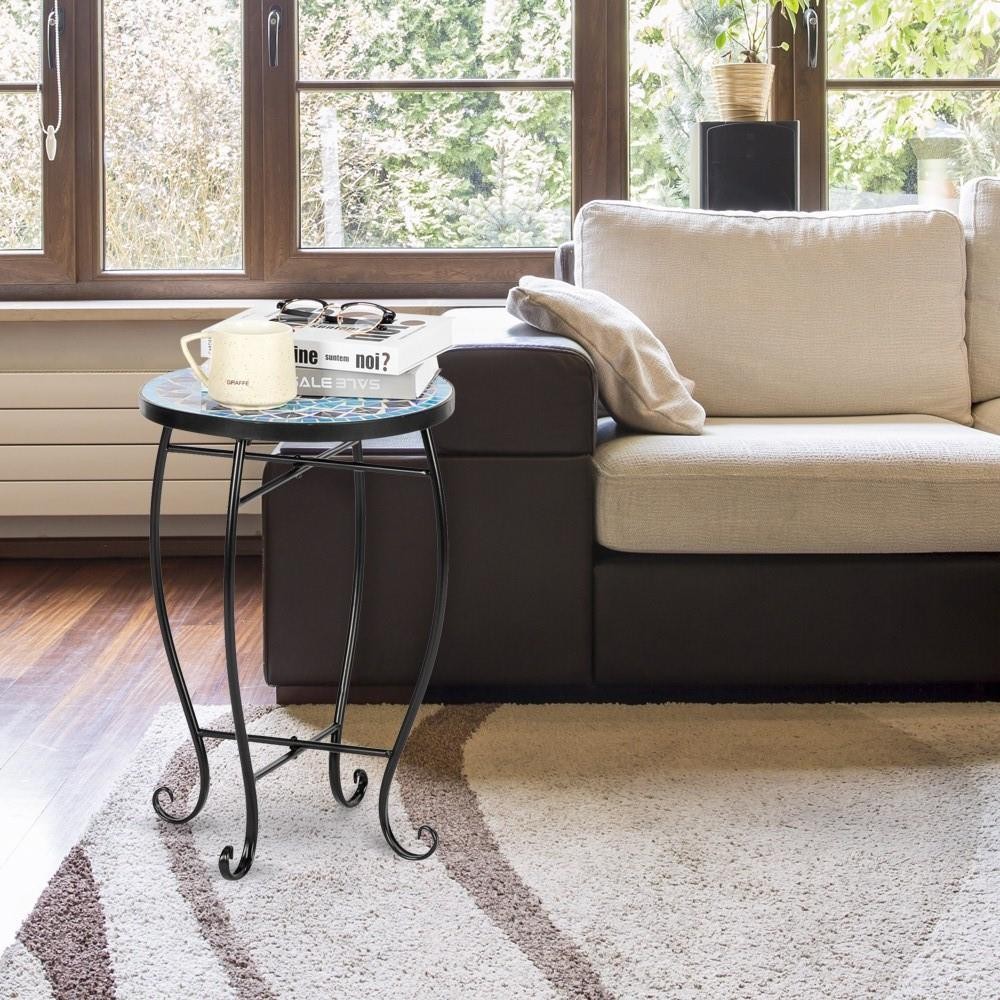 Indoor Outdoor Side Table with Mosaics Top Metal Frame Base , Circle End Table