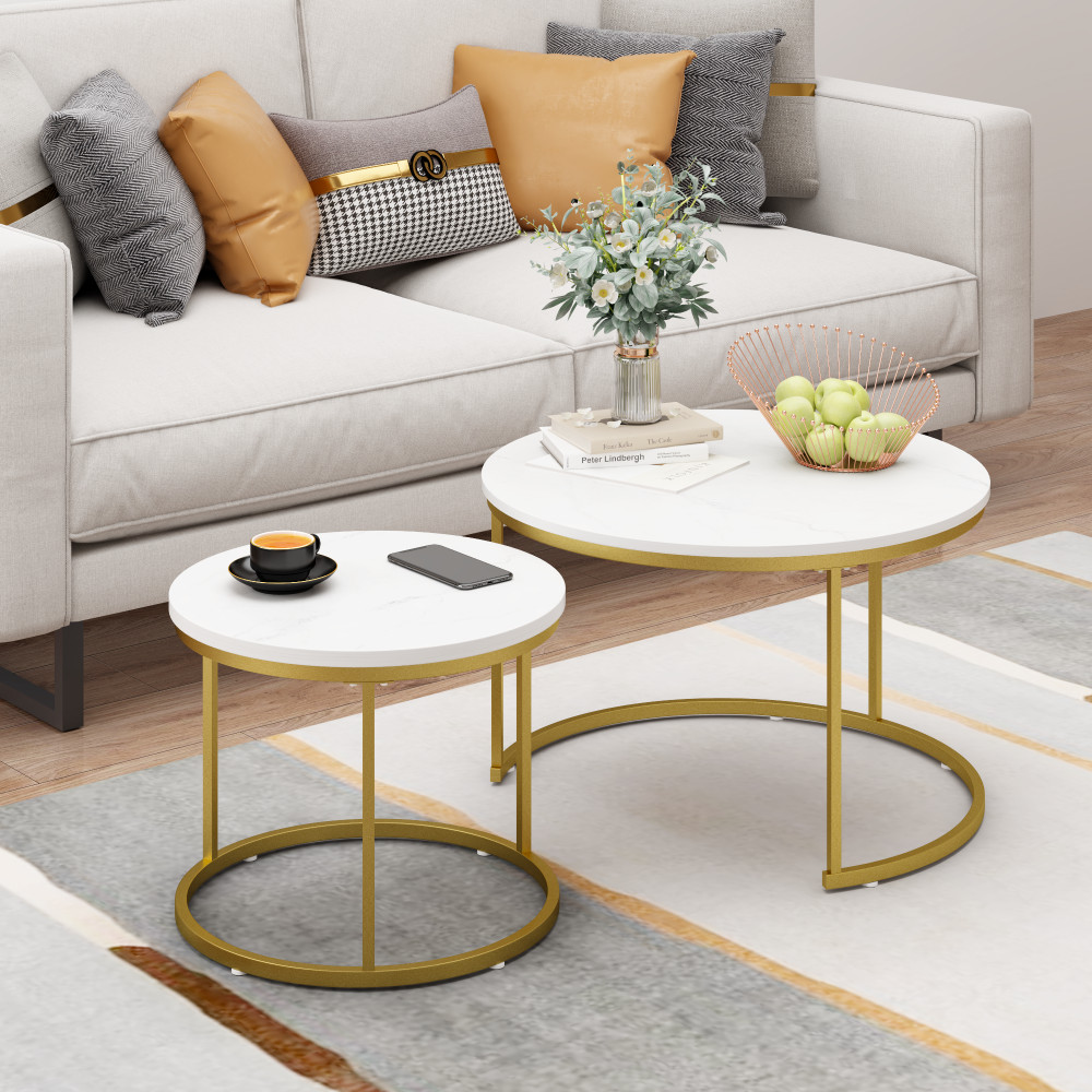 Nesting Coffee Table Set of 2, Round Marble Top with Metal Frame, White