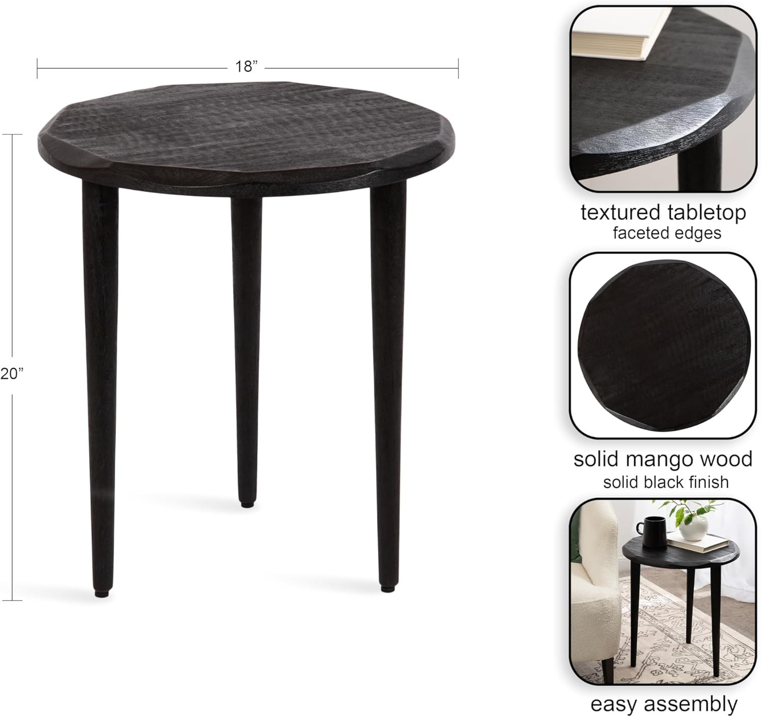 Tavares Modern Black Wooden Round Side Table – Stylish Accent for Any Room