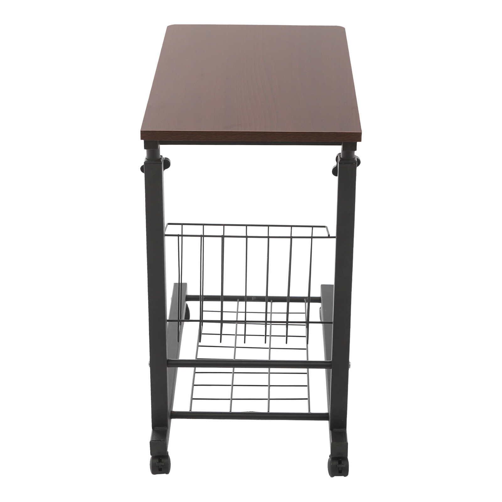 2 Tiers Red Walnut Color Mobile Standalone Adjustable Bed Side Table w/ Wheels