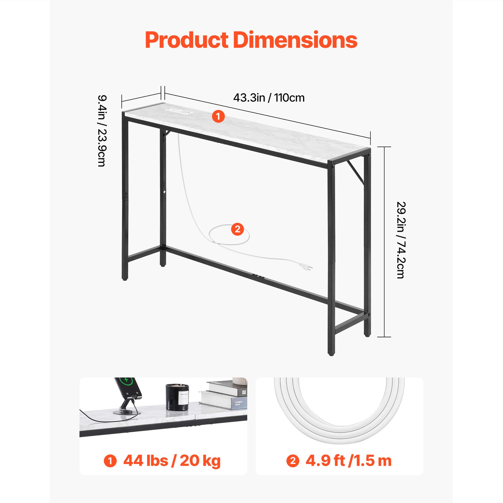 Marble Console Table Modern Narrow Long Console Table with Power Outlet