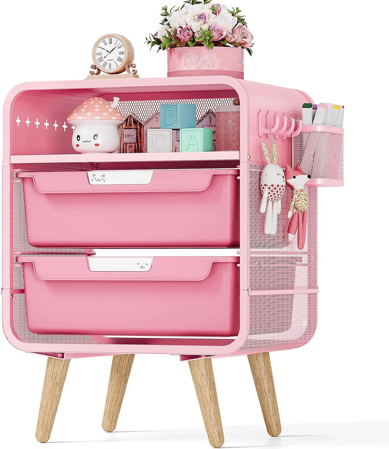 Pink Nightstand,Cute End Table with Storage Drawer,Kids Nightstand for