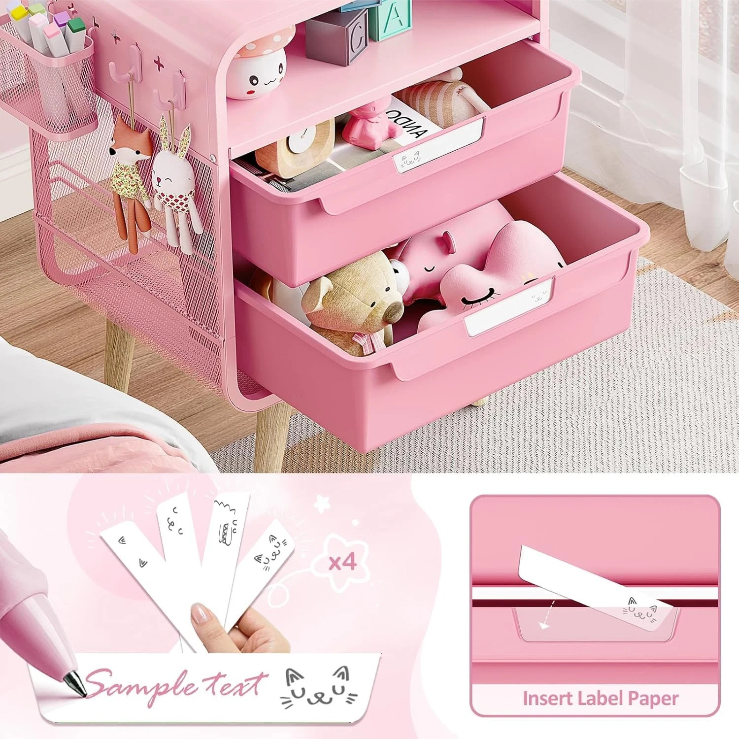 Pink Nightstand,Cute End Table with Storage Drawer,Kids Nightstand for