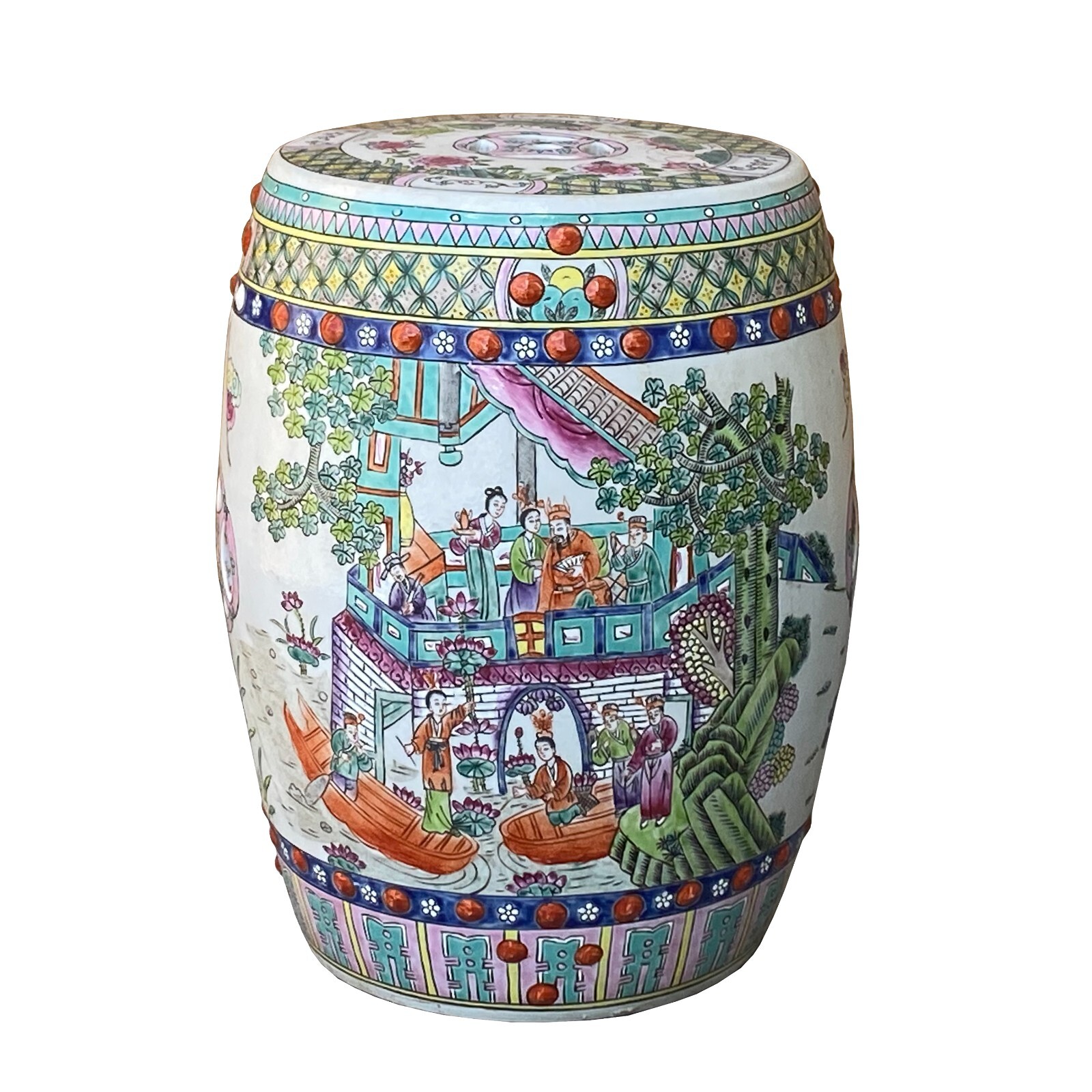 Vintage Oriental Famille Rose Mixed Color Porcelain Round Stool Ottoman cs7386