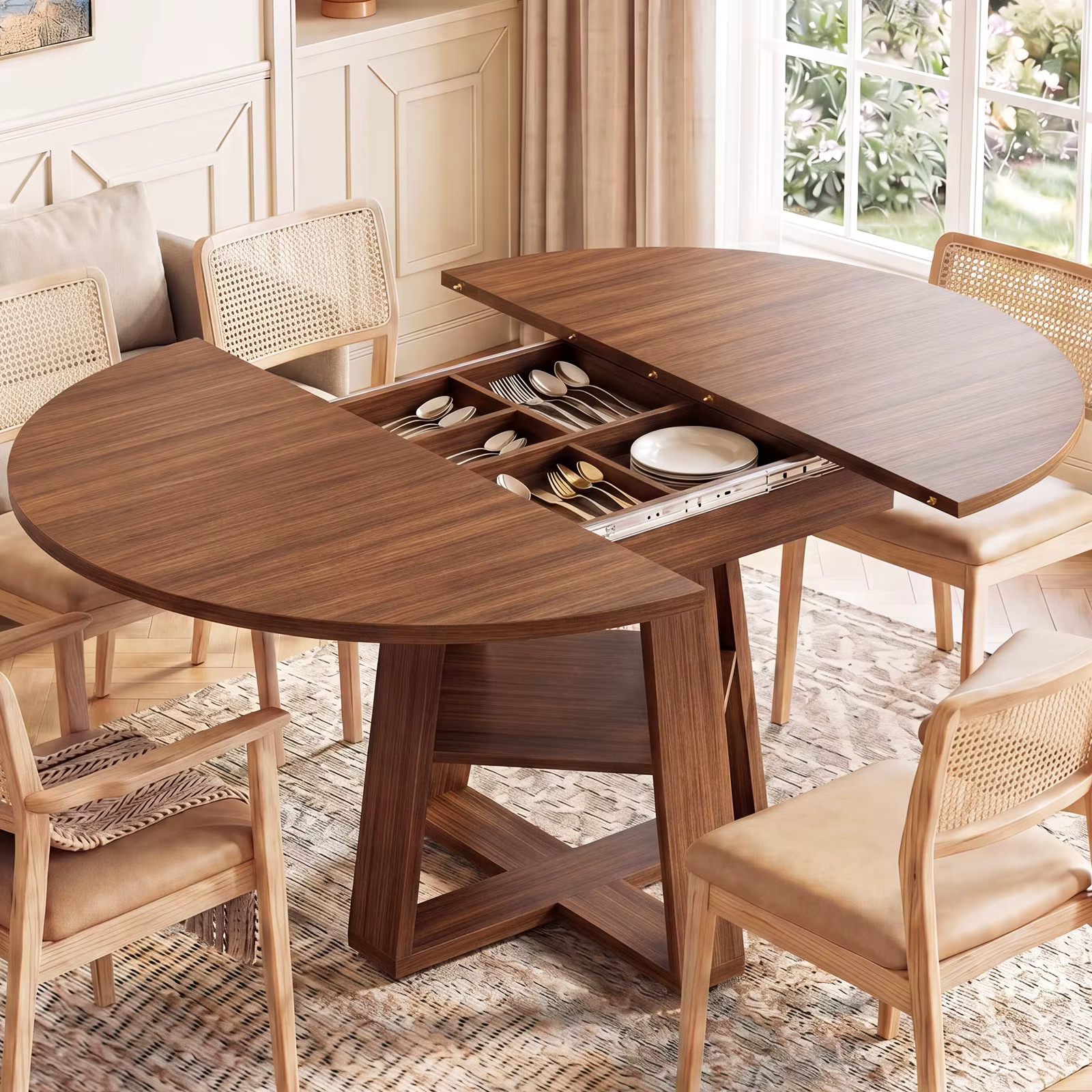 Extendable Wood Round Dining Table Oval Kitchen Storage Shelf Pedestal Base