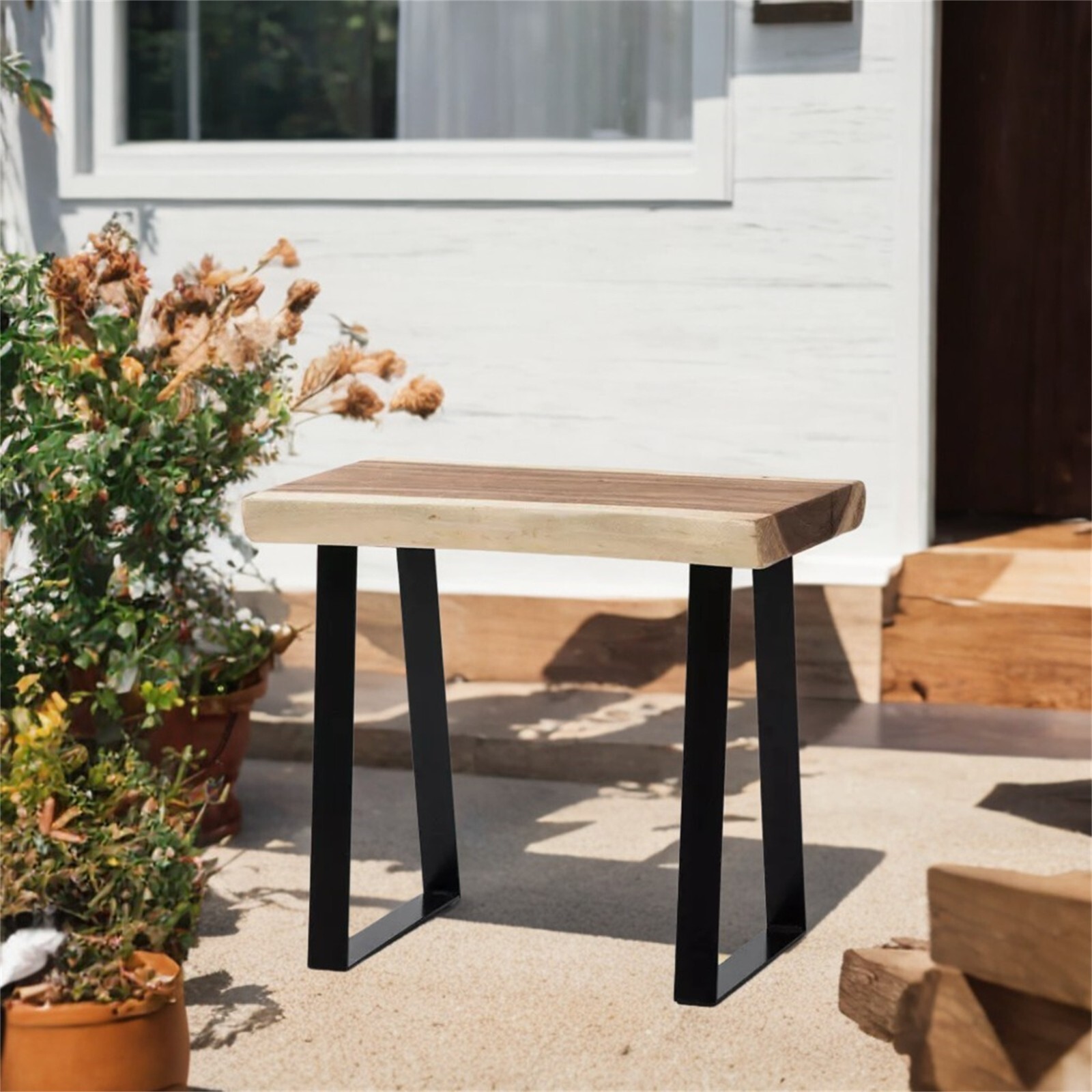 Natural Solid Wood Rectangle Bench Coffee Side Table with Metal Legs Rustic