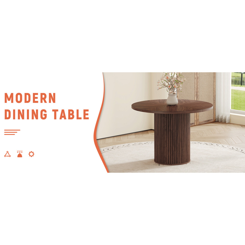 A modern spliced circular dining table with a diameter of 42 inches