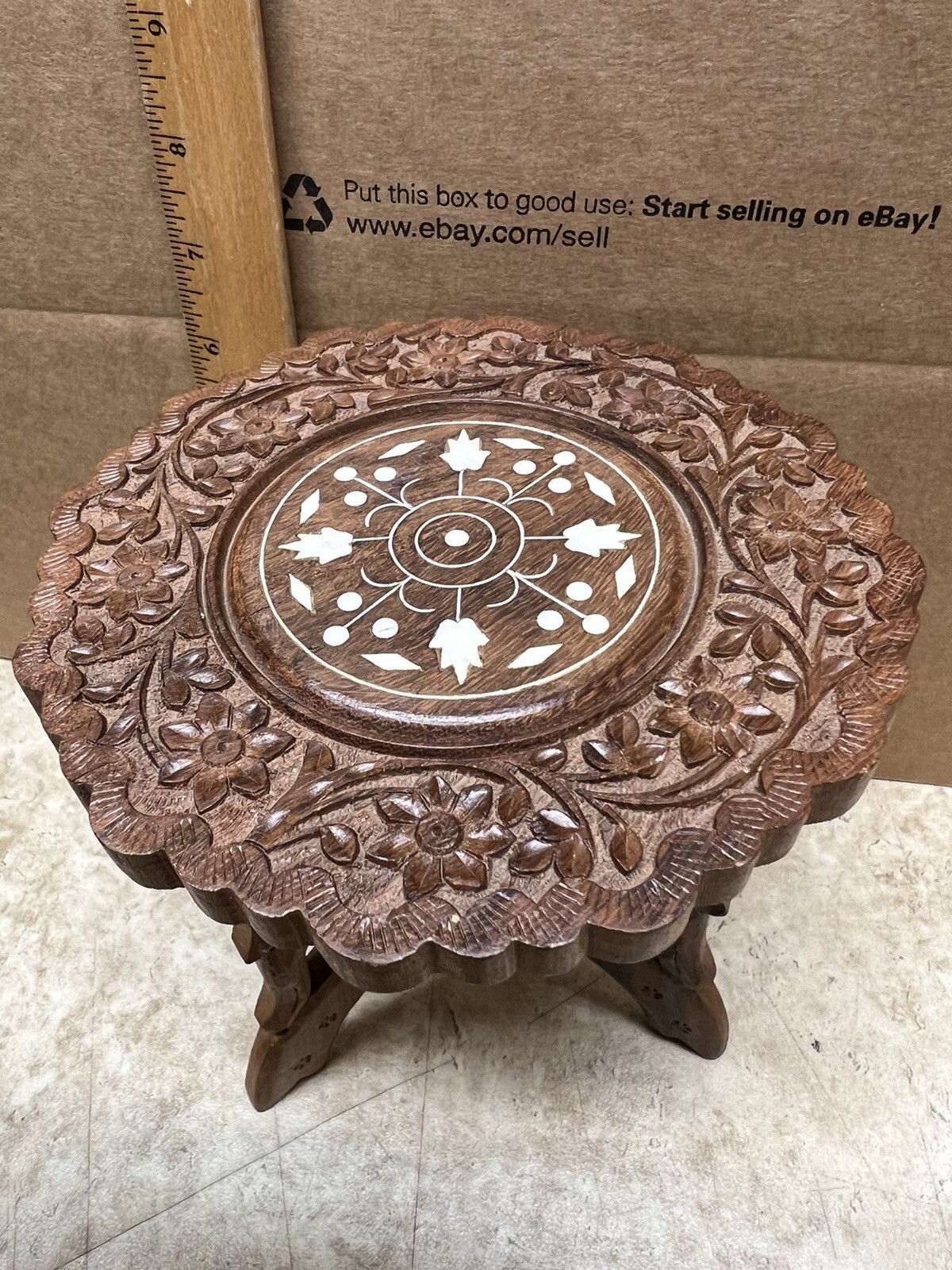 SmalI Hand Carved Teak Wood W/ Shell Inlay Folding Stool Table/Plant Stand/India